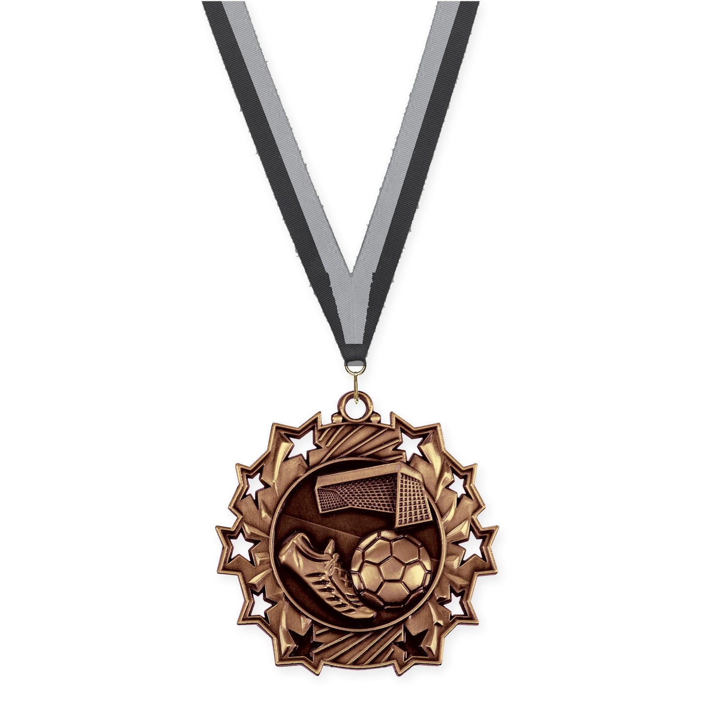 2 1/4 inch soccer Ten Star medal in antique bronze with Black Gray neck ribbon