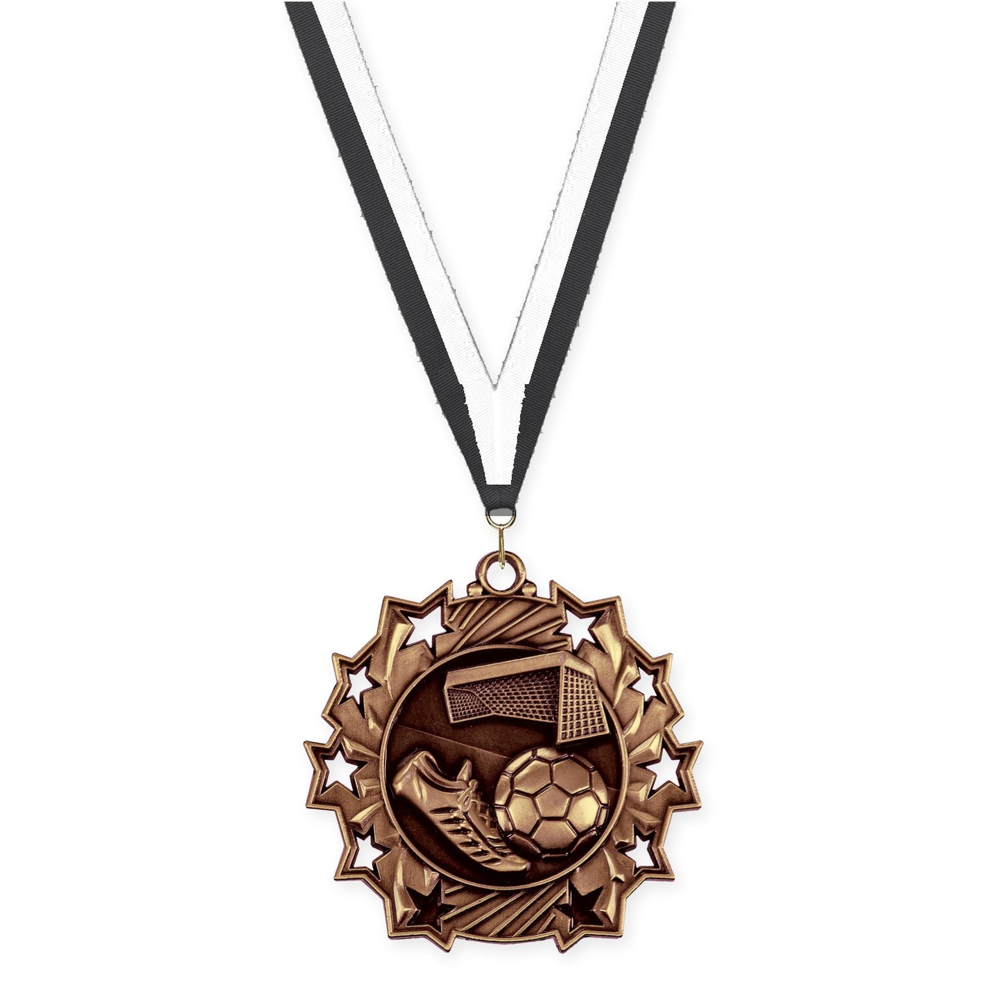 2 1/4 inch soccer Ten Star medal in antique bronze with Black White neck ribbon