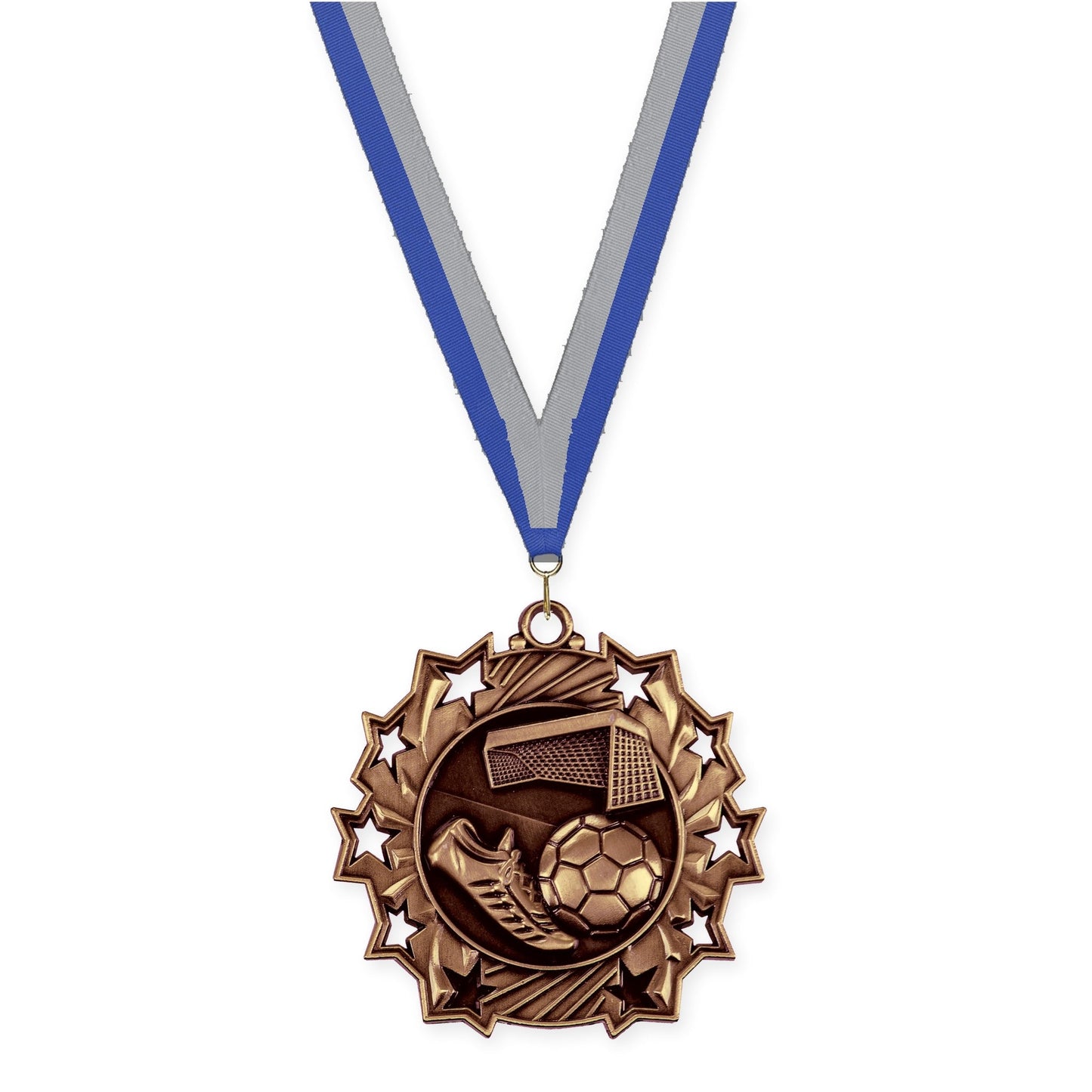 2 1/4 inch soccer Ten Star medal in antique bronze with Blue Gray neck ribbon