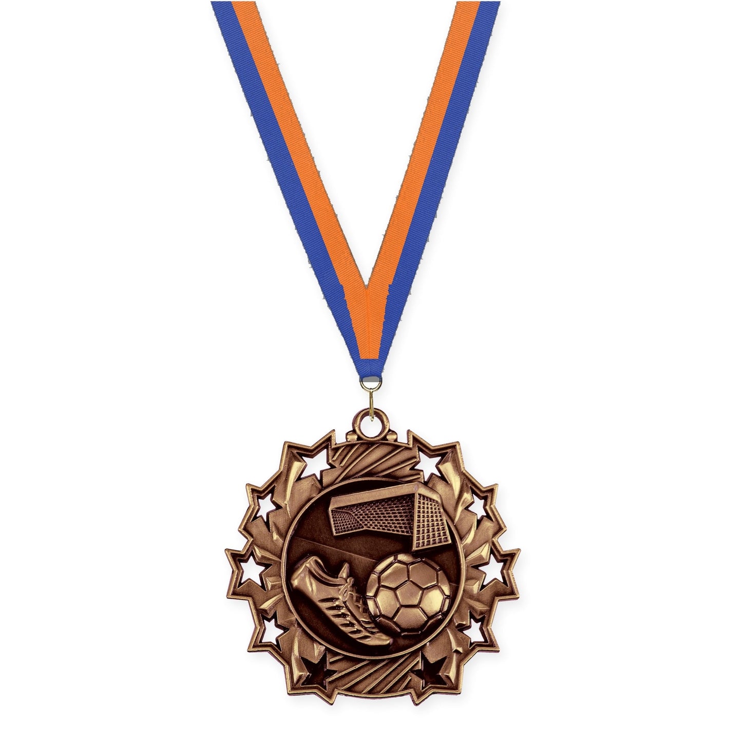 2 1/4 inch soccer Ten Star medal in antique bronze with Blue Orange neck ribbon