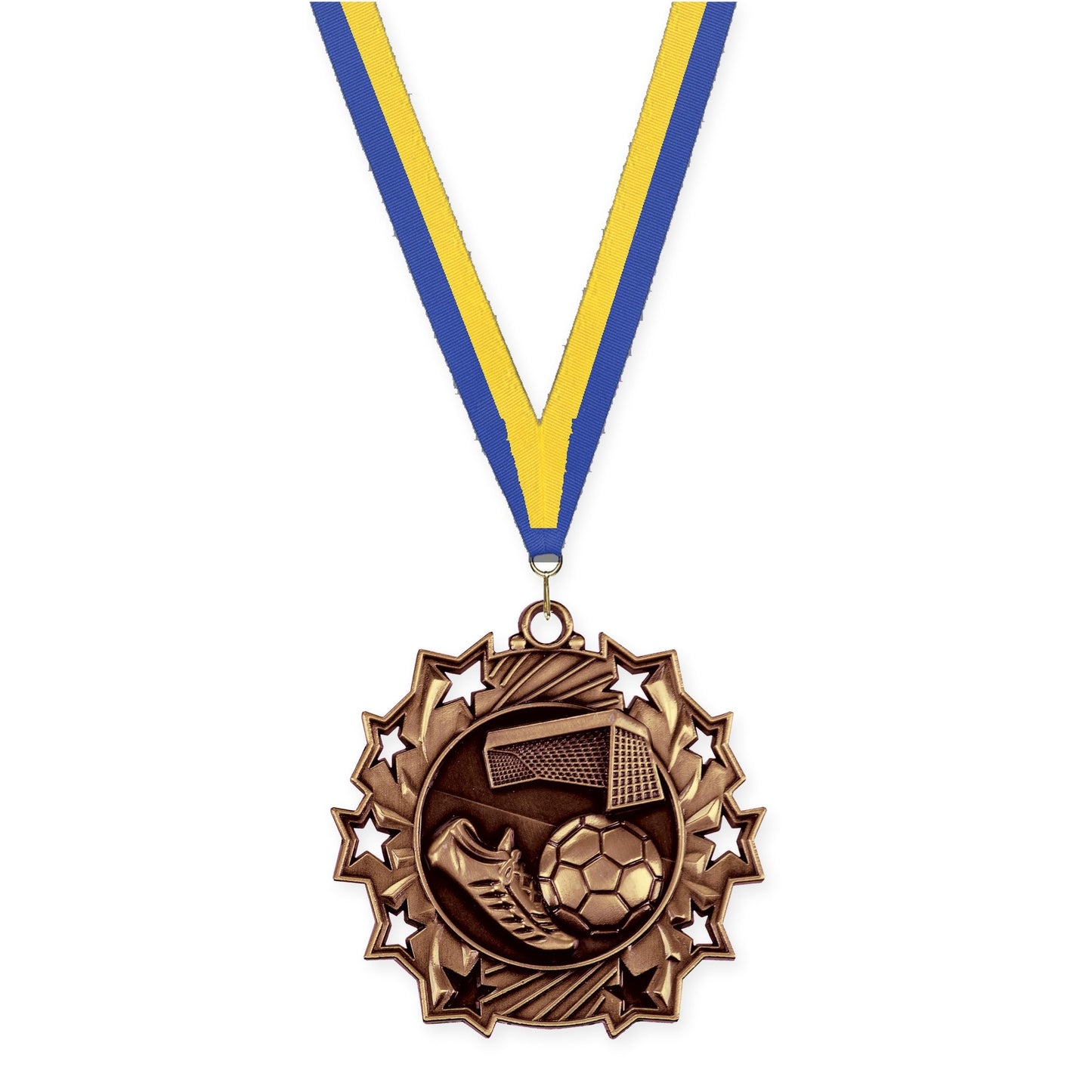 2 1/4 inch soccer Ten Star medal in antique bronze with Blue Yellow neck ribbon