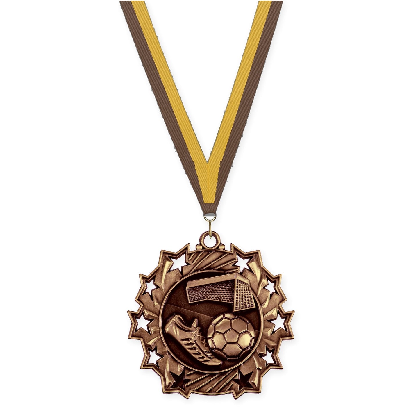 2 1/4 inch soccer Ten Star medal in antique bronze with Brown Gold neck ribbon