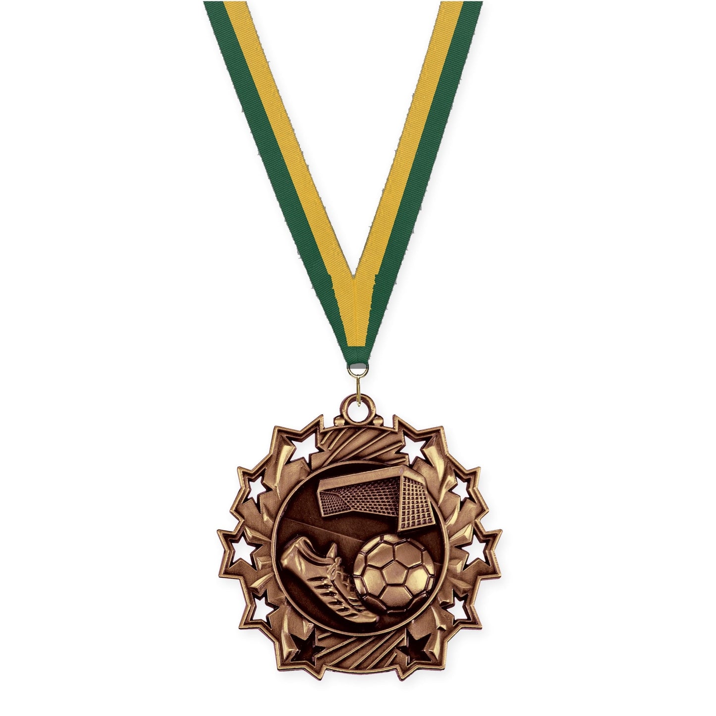 2 1/4 inch soccer Ten Star medal in antique bronze with Hunter Green Gold neck ribbon