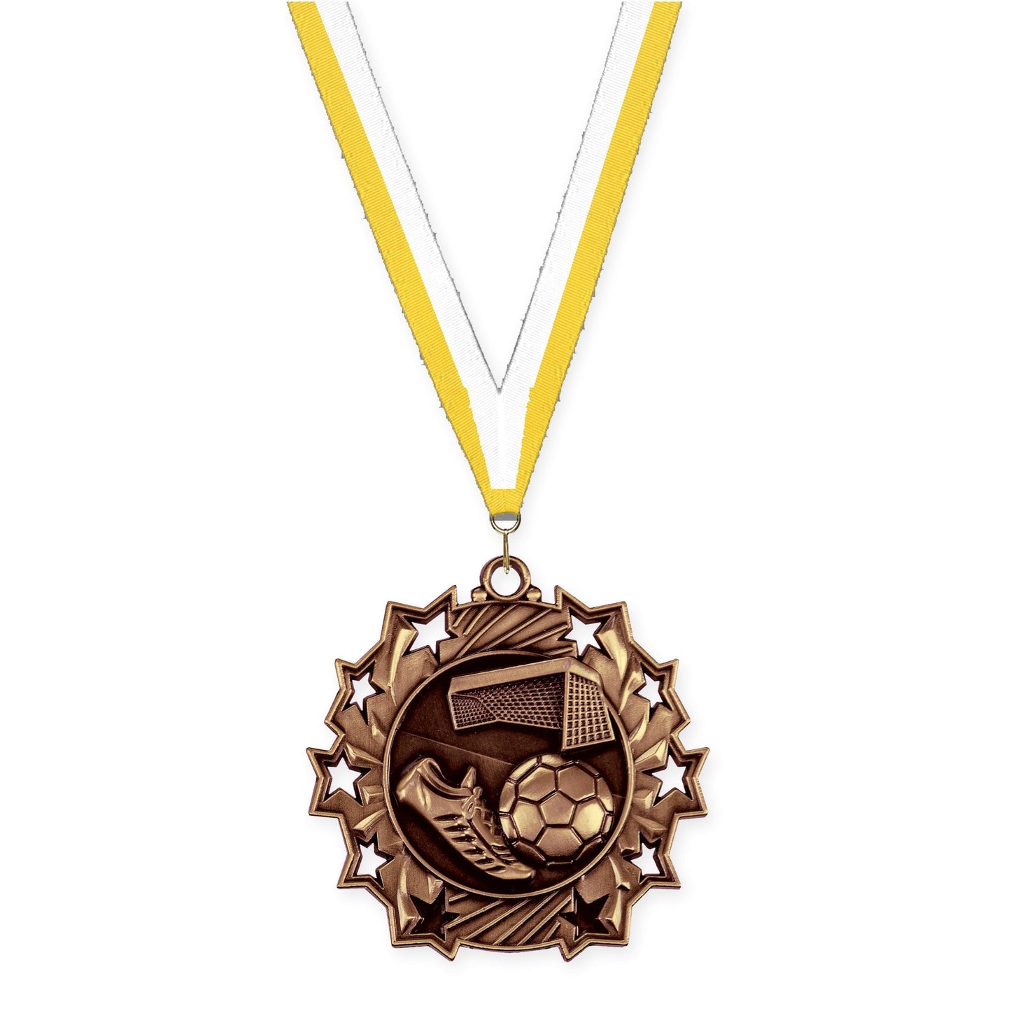 2 1/4 inch soccer Ten Star medal in antique bronze with Yellow White neck ribbon
