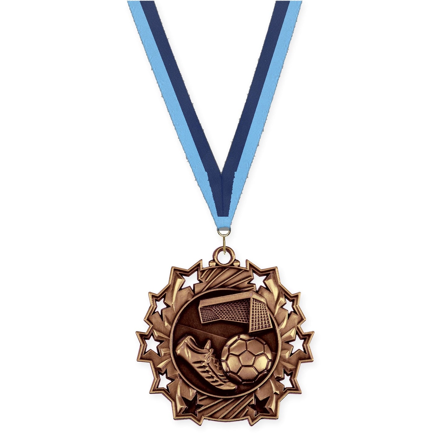 2 1/4 inch soccer Ten Star medal in antique bronze with Light Blue Navy neck ribbon