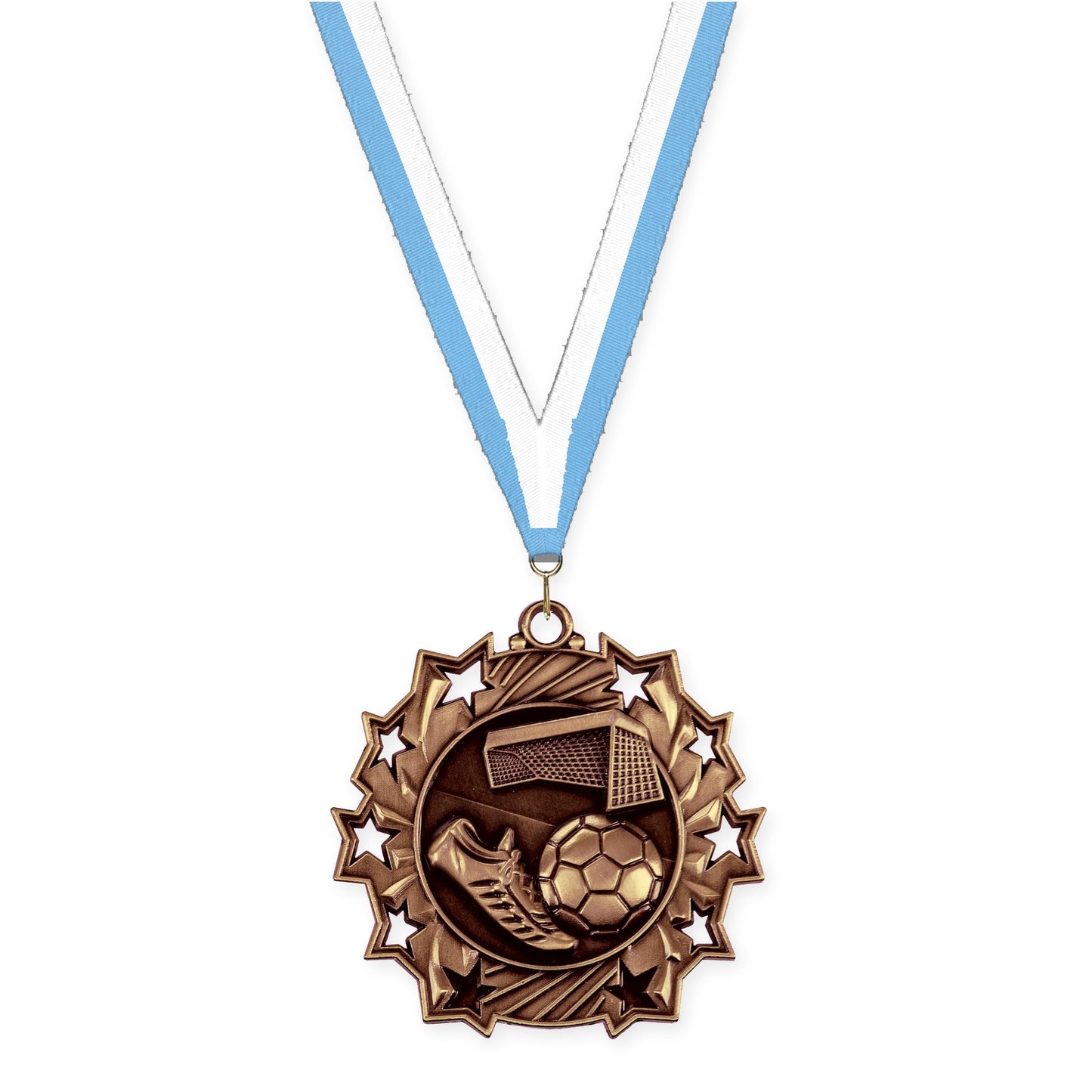 2 1/4 inch soccer Ten Star medal in antique bronze with Light Blue White neck ribbon