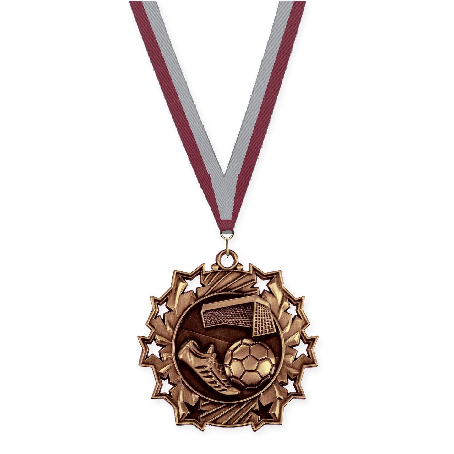 2 1/4 inch soccer Ten Star medal in antique bronze with Maroon Gray neck ribbon