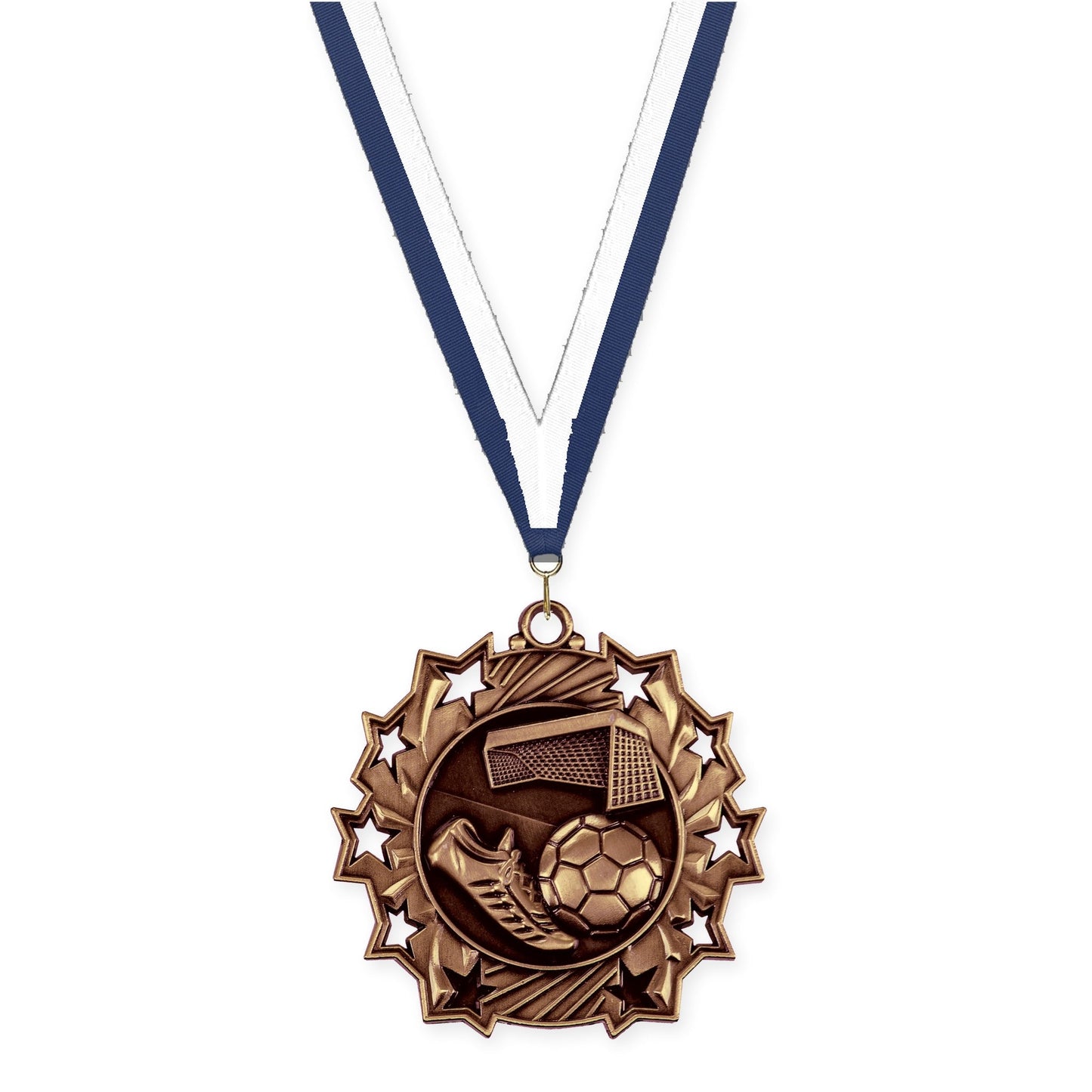 2 1/4 inch soccer Ten Star medal in antique bronze with Navy White neck ribbon