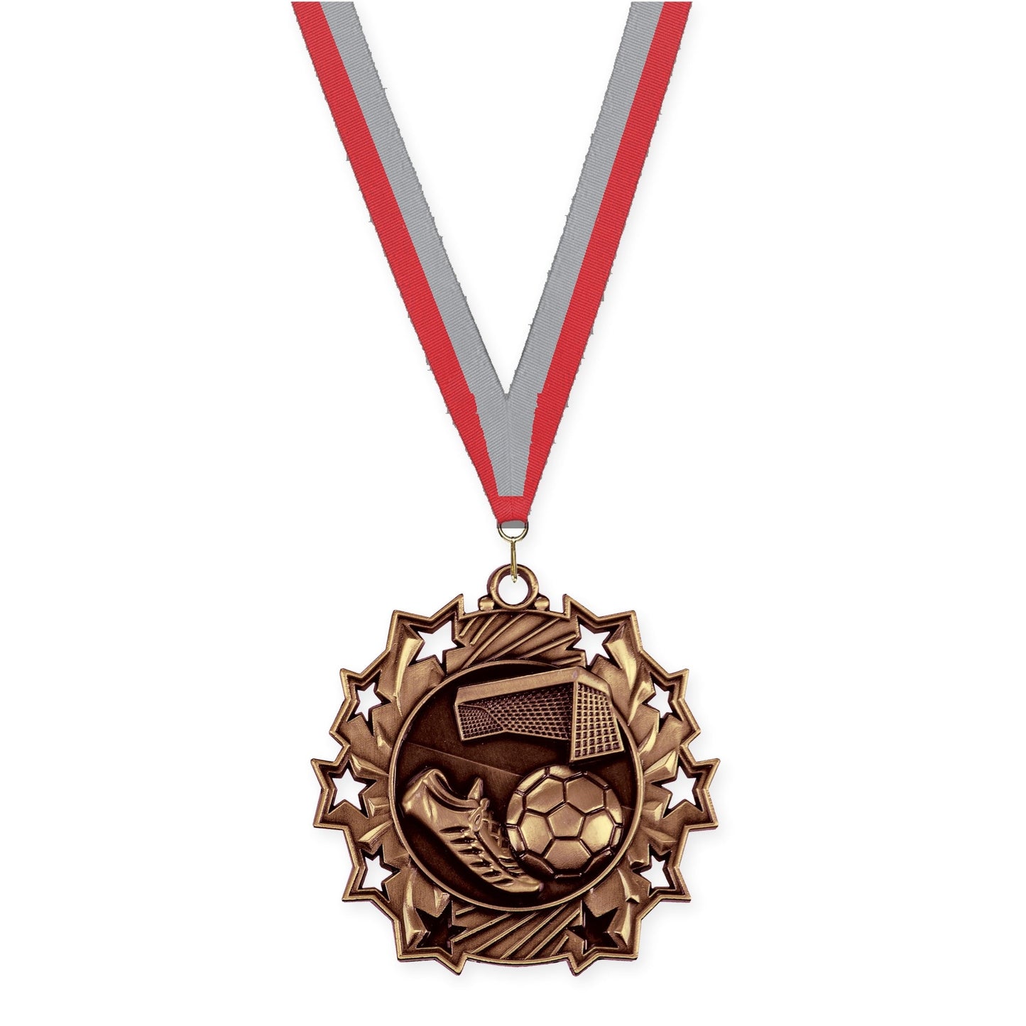 2 1/4 inch soccer Ten Star medal in antique bronze with Red Gray neck ribbon