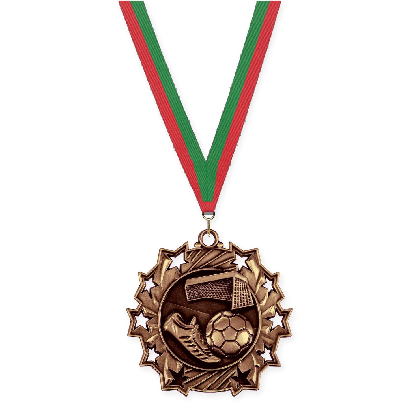 2 1/4 inch soccer Ten Star medal in antique bronze with Red Green neck ribbon