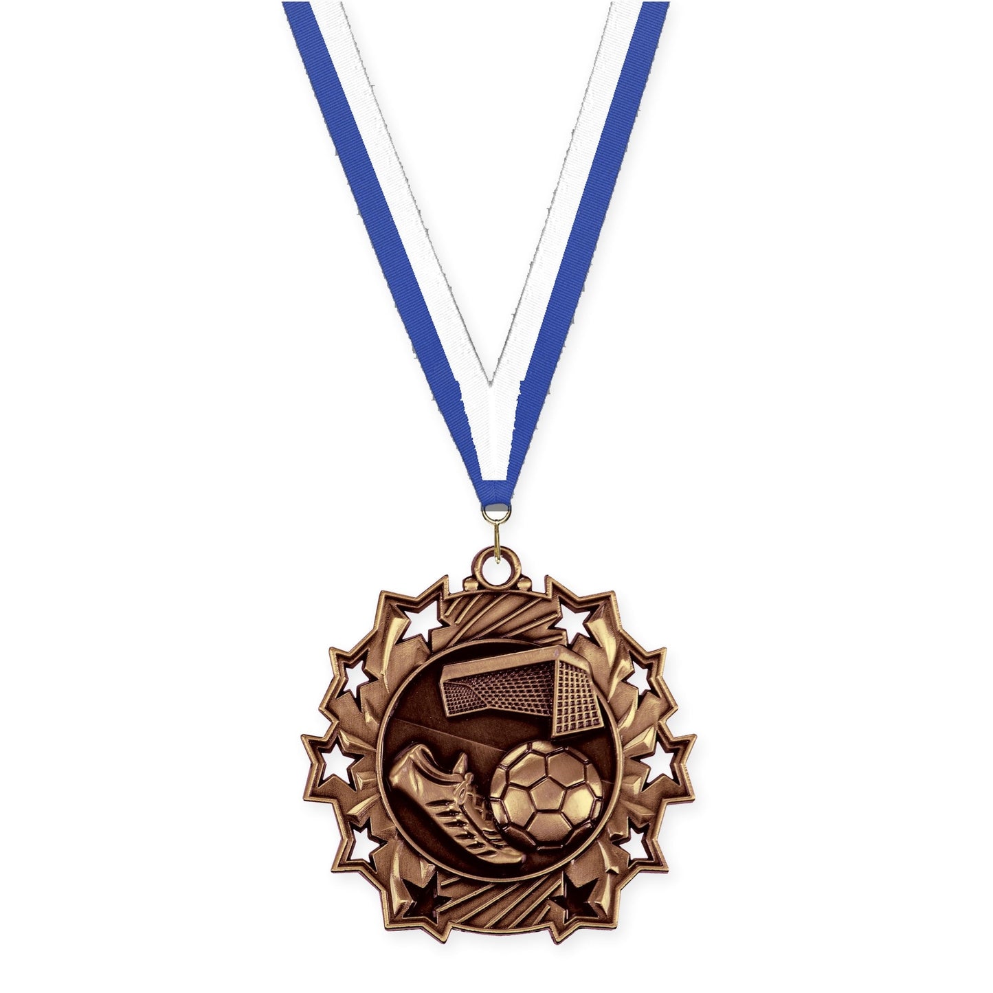 2 1/4 inch soccer Ten Star medal in antique bronze with Blue White neck ribbon
