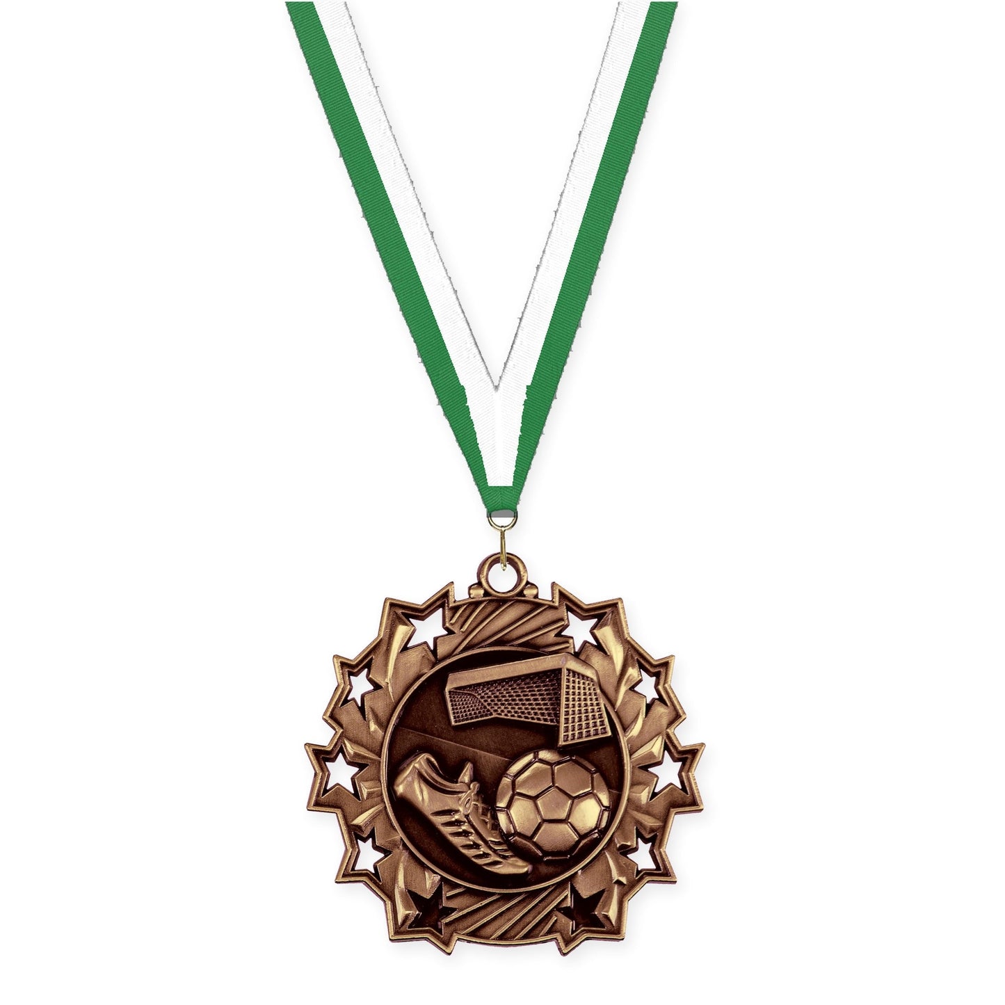 2 1/4 inch soccer Ten Star medal in antique bronze with Green White neck ribbon