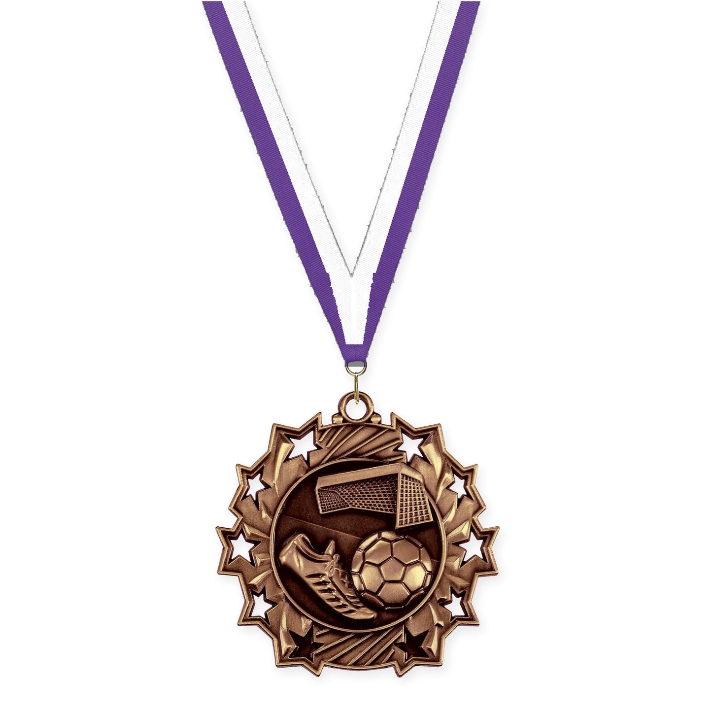 2 1/4 inch soccer Ten Star medal in antique bronze with Purple White neck ribbon
