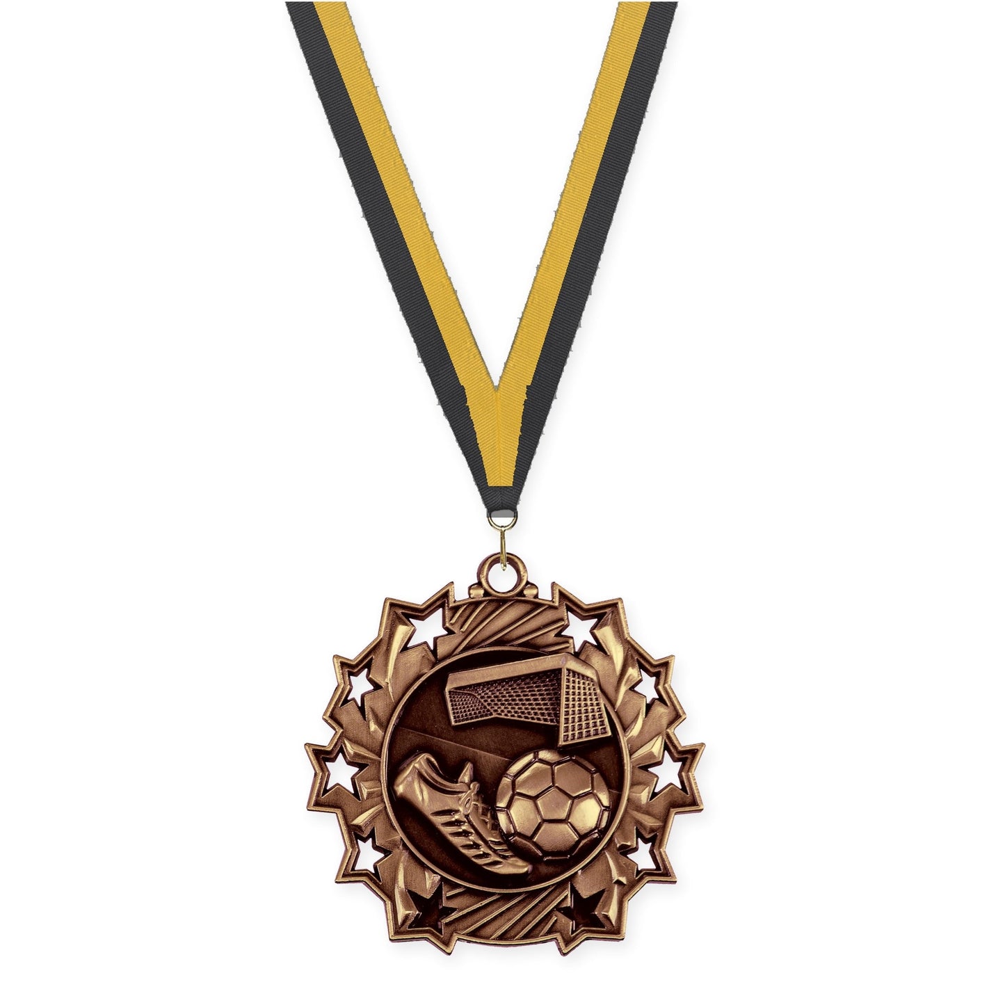 2 1/4 inch soccer Ten Star medal in antique bronze with Black Gold neck ribbon