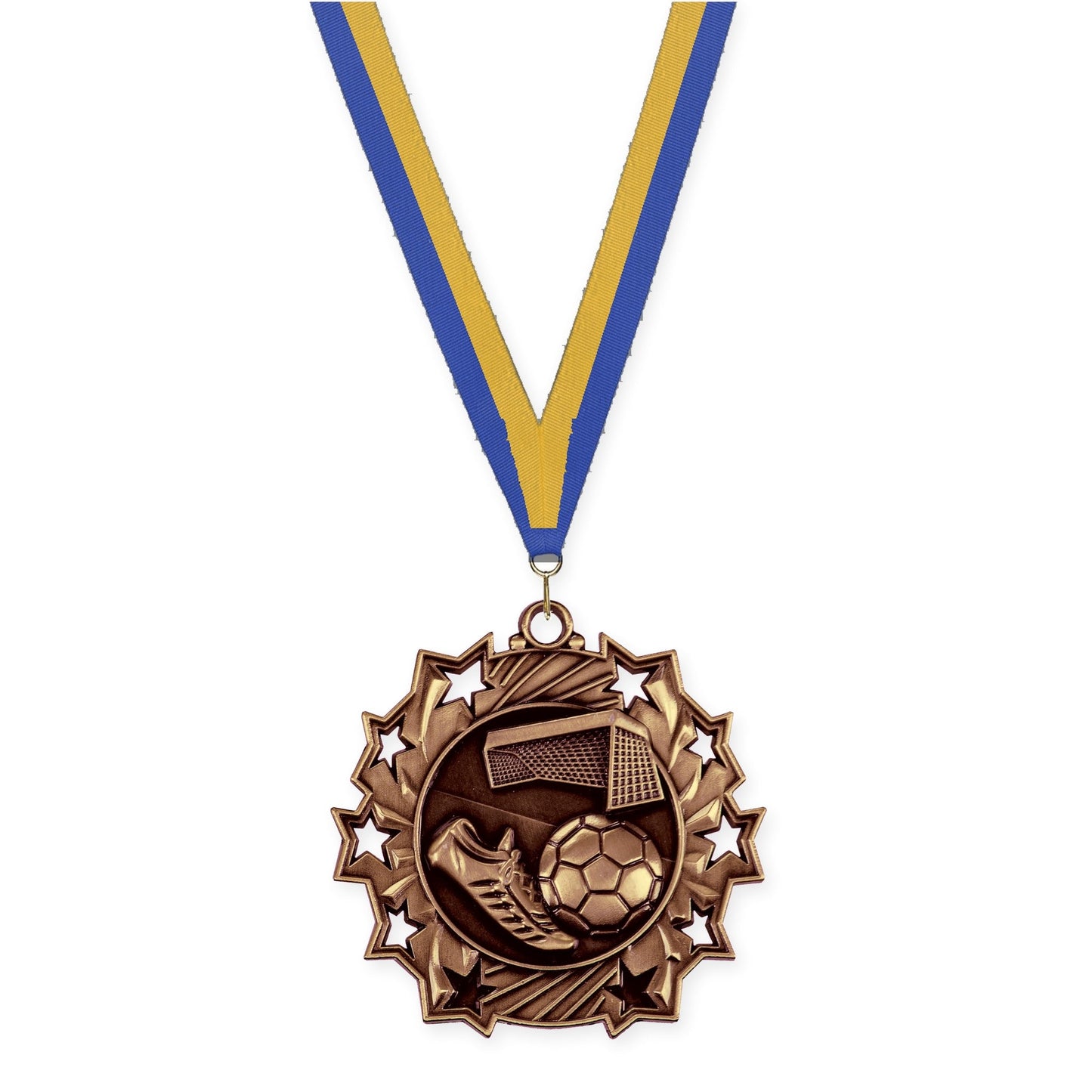 2 1/4 inch soccer Ten Star medal in antique bronze with Blue Gold neck ribbon