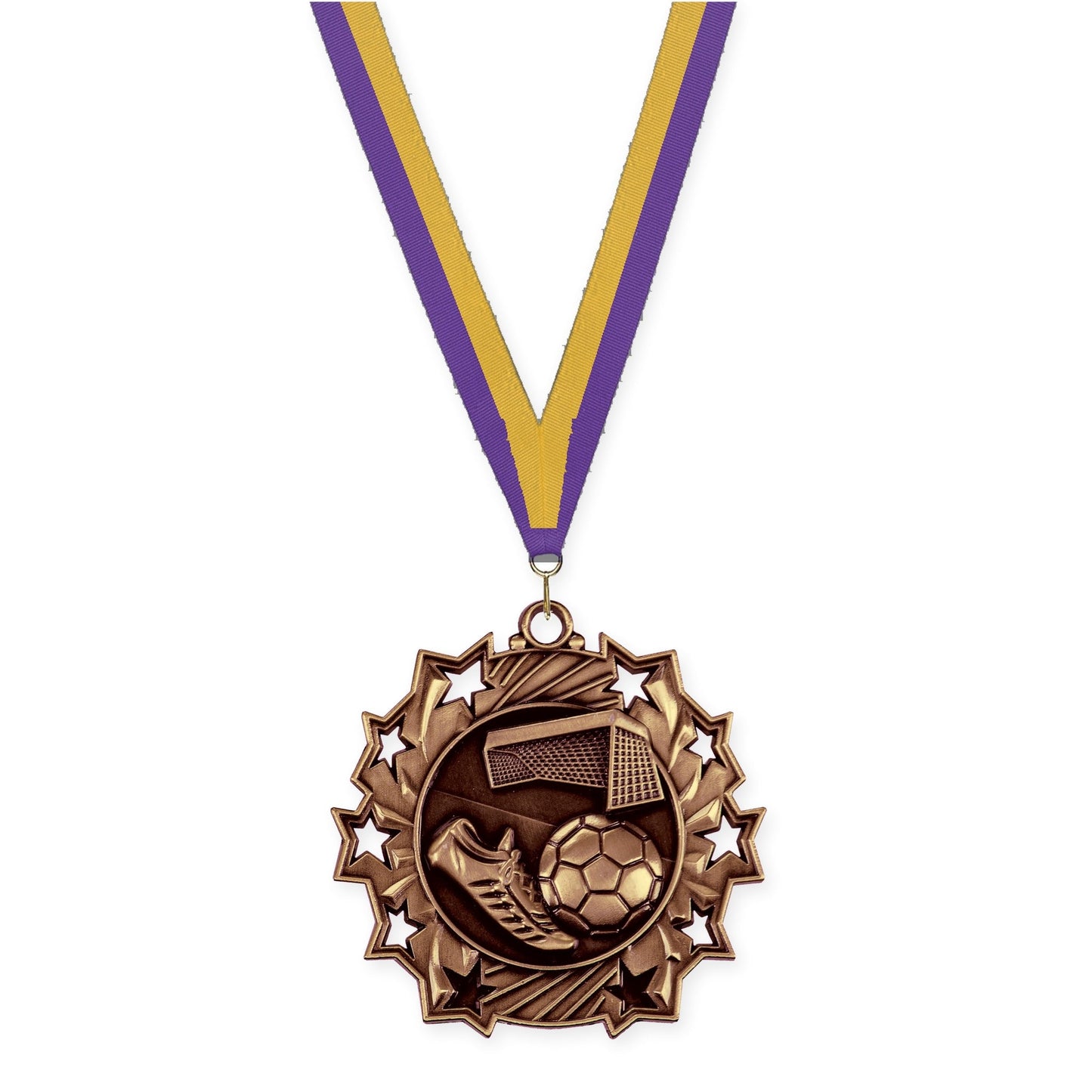 2 1/4 inch soccer Ten Star medal in antique bronze with Purple Gold neck ribbon