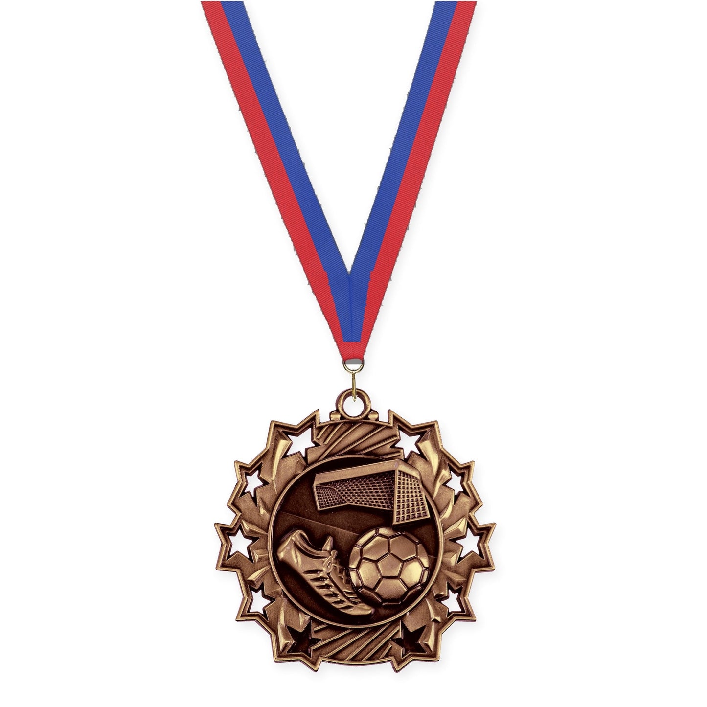 2 1/4 inch soccer Ten Star medal in antique bronze with Blue Red neck ribbon