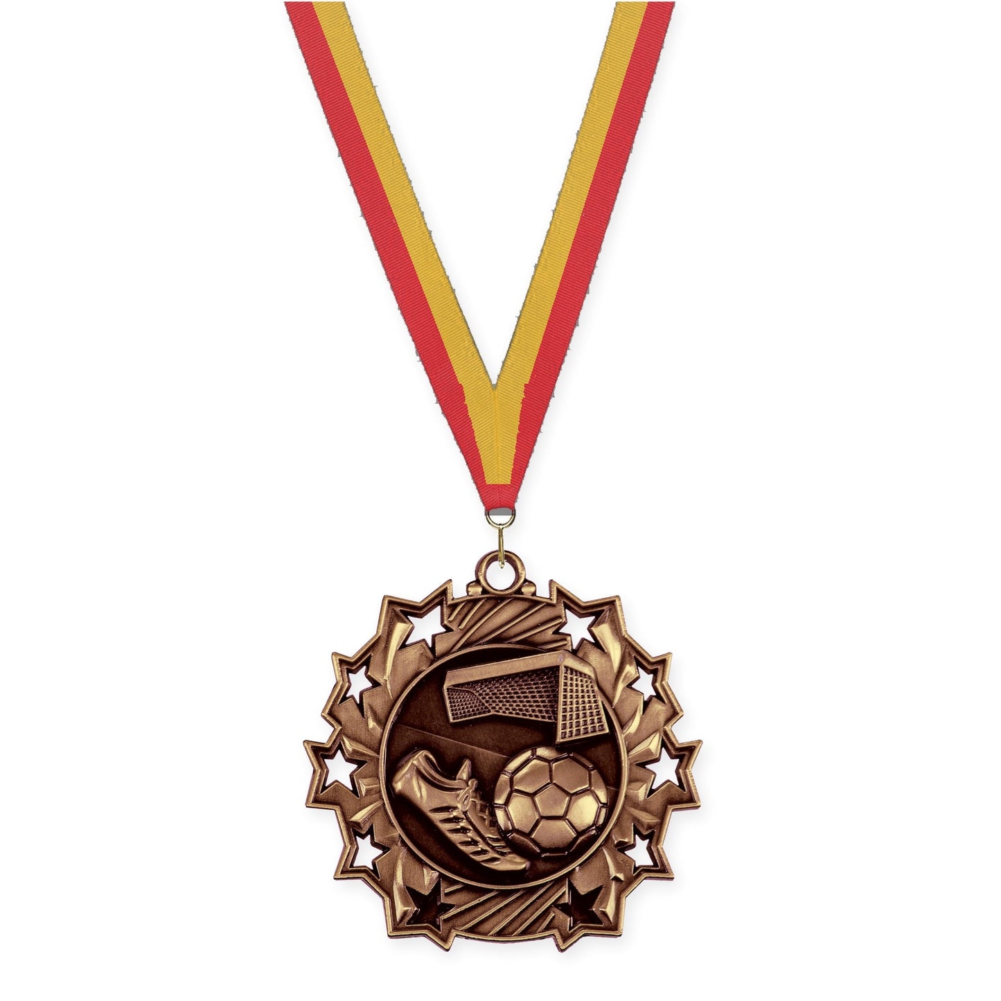 2 1/4 inch soccer Ten Star medal in antique bronze with Red Gold neck ribbon