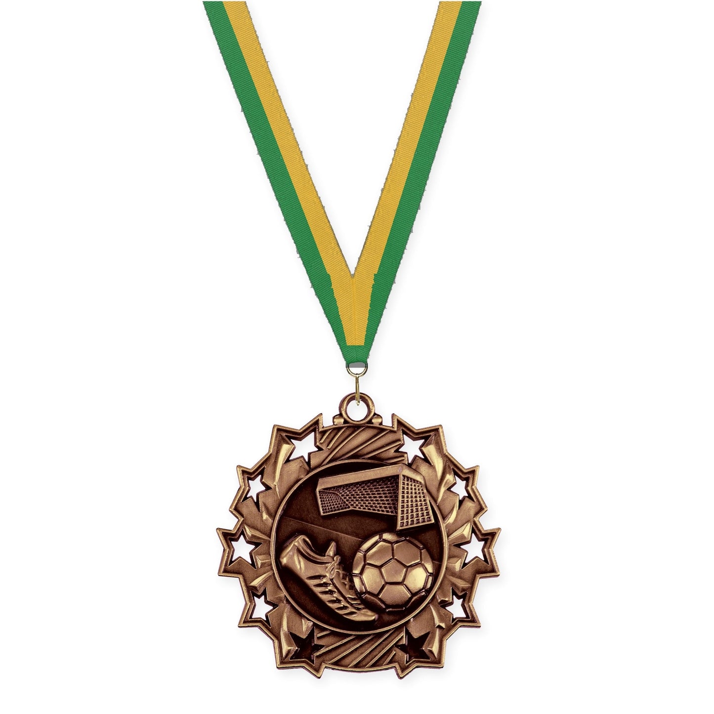 2 1/4 inch soccer Ten Star medal in antique bronze with Green Gold neck ribbon