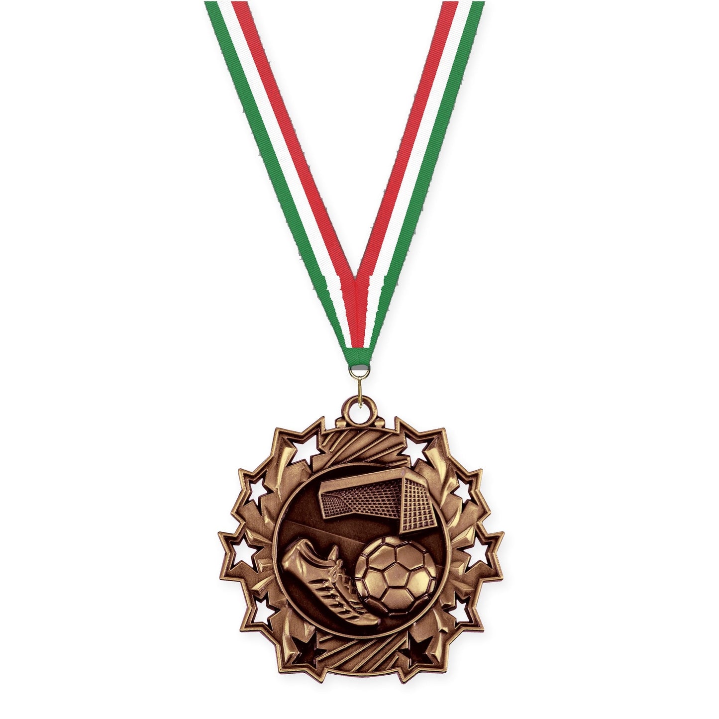 2 1/4 inch soccer Ten Star medal in antique bronze with Green White Red neck ribbon