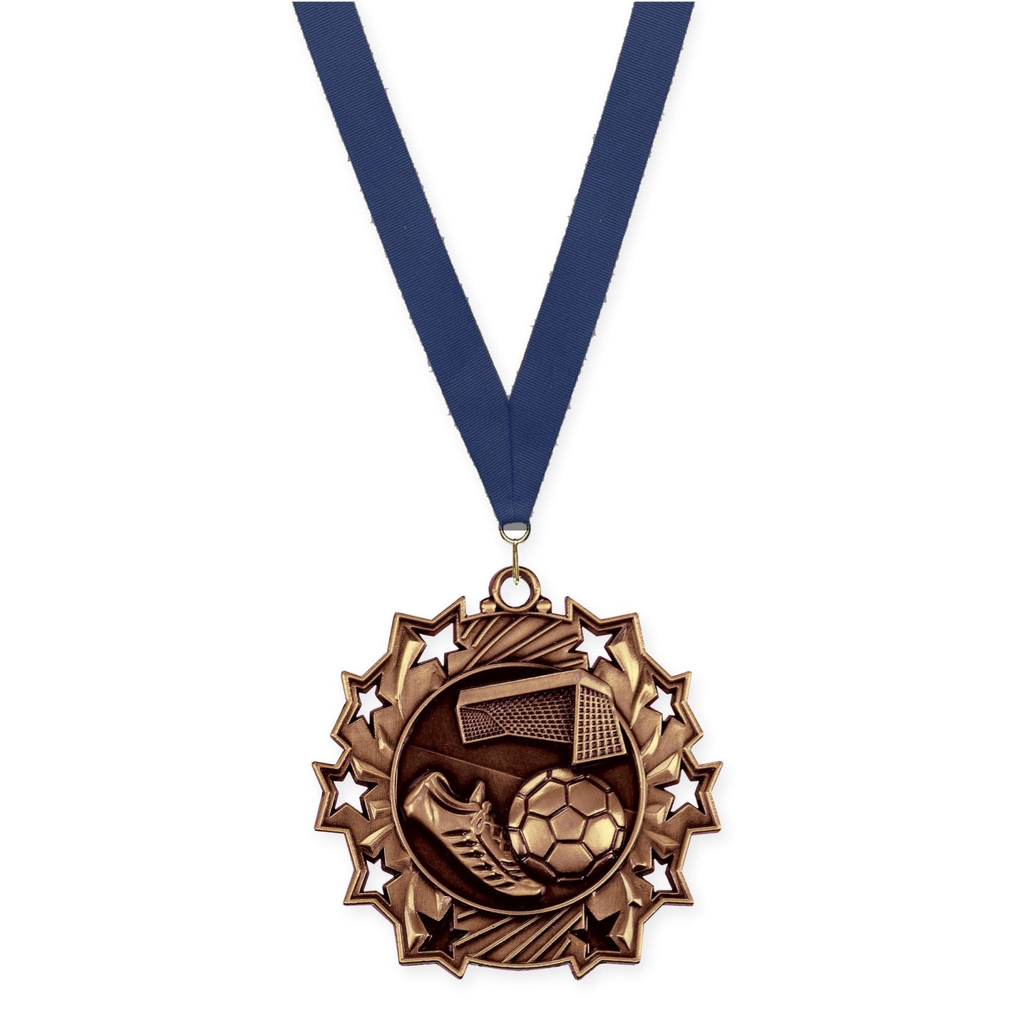 2 1/4 inch soccer Ten Star medal in antique bronze with Navy neck ribbon