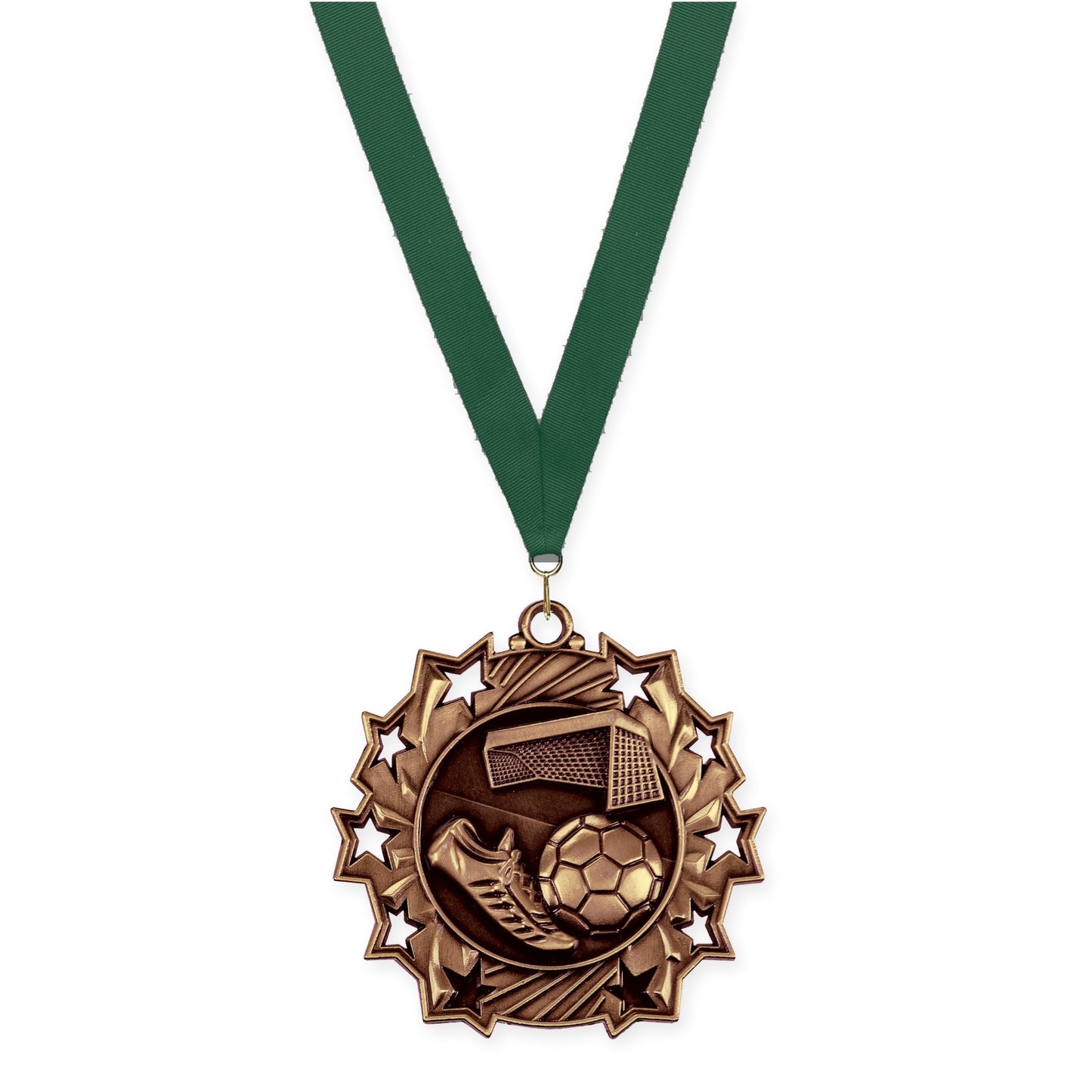 2 1/4 inch soccer Ten Star medal in antique bronze with Hunter Green neck ribbon
