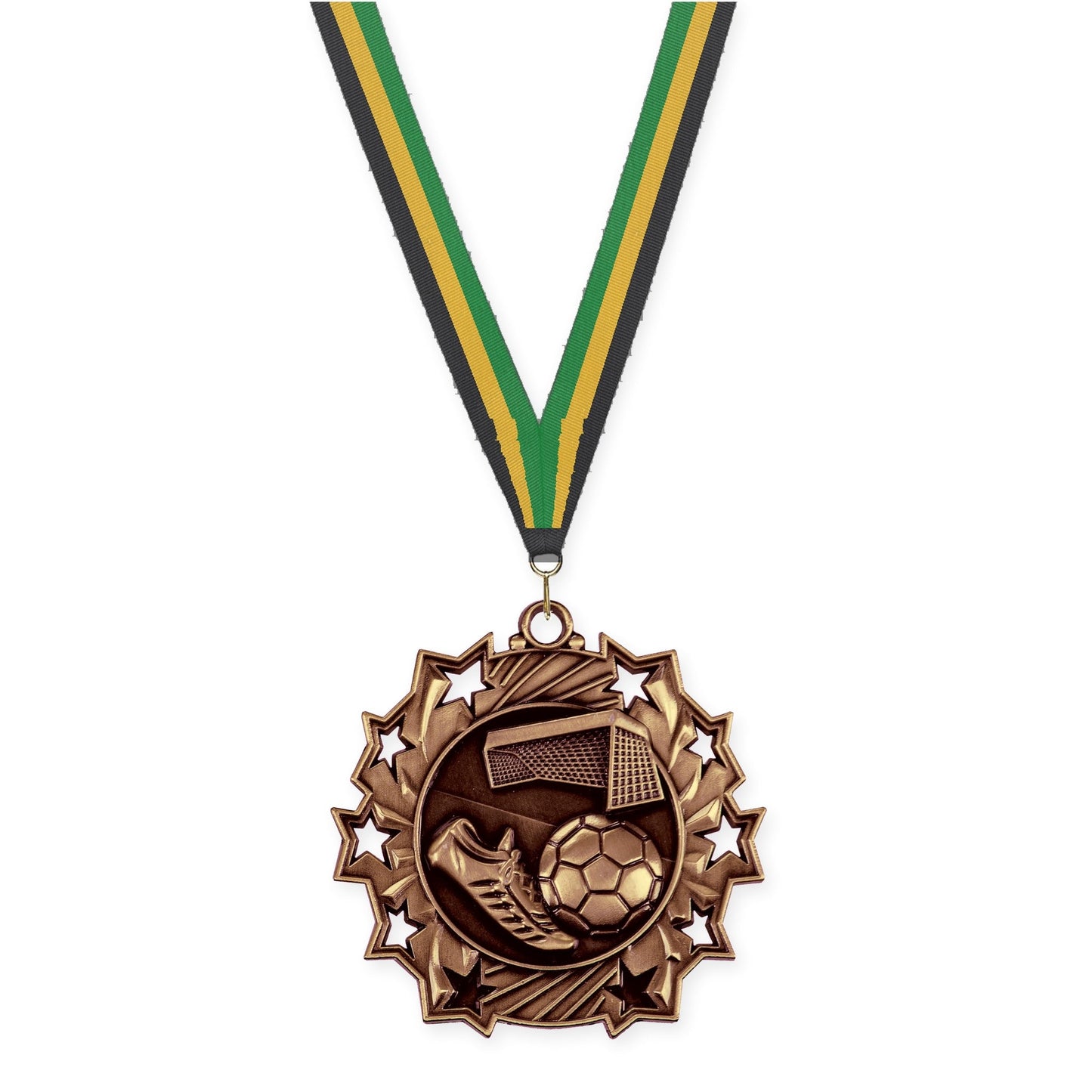 2 1/4 inch soccer Ten Star medal in antique bronze with Black Gold Green neck ribbon