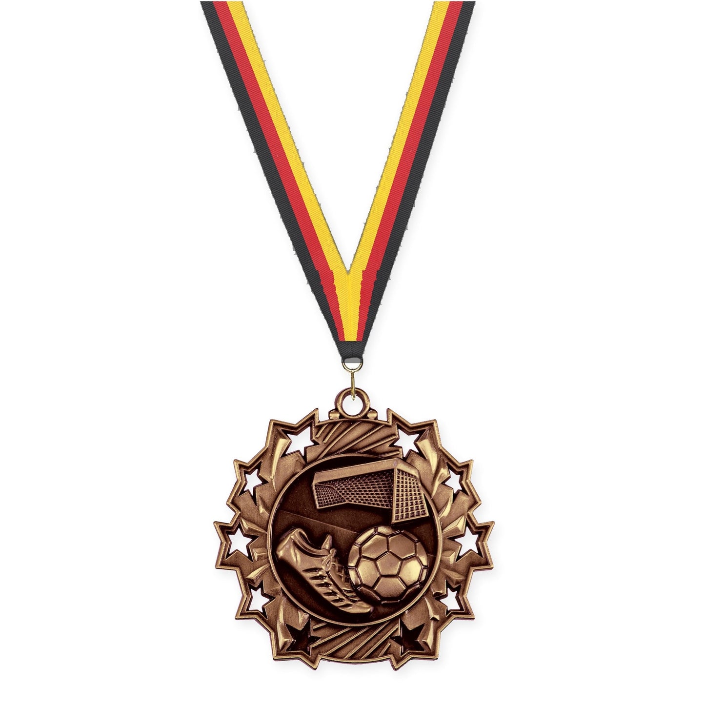 2 1/4 inch soccer Ten Star medal in antique bronze with Black Red Yellow neck ribbon