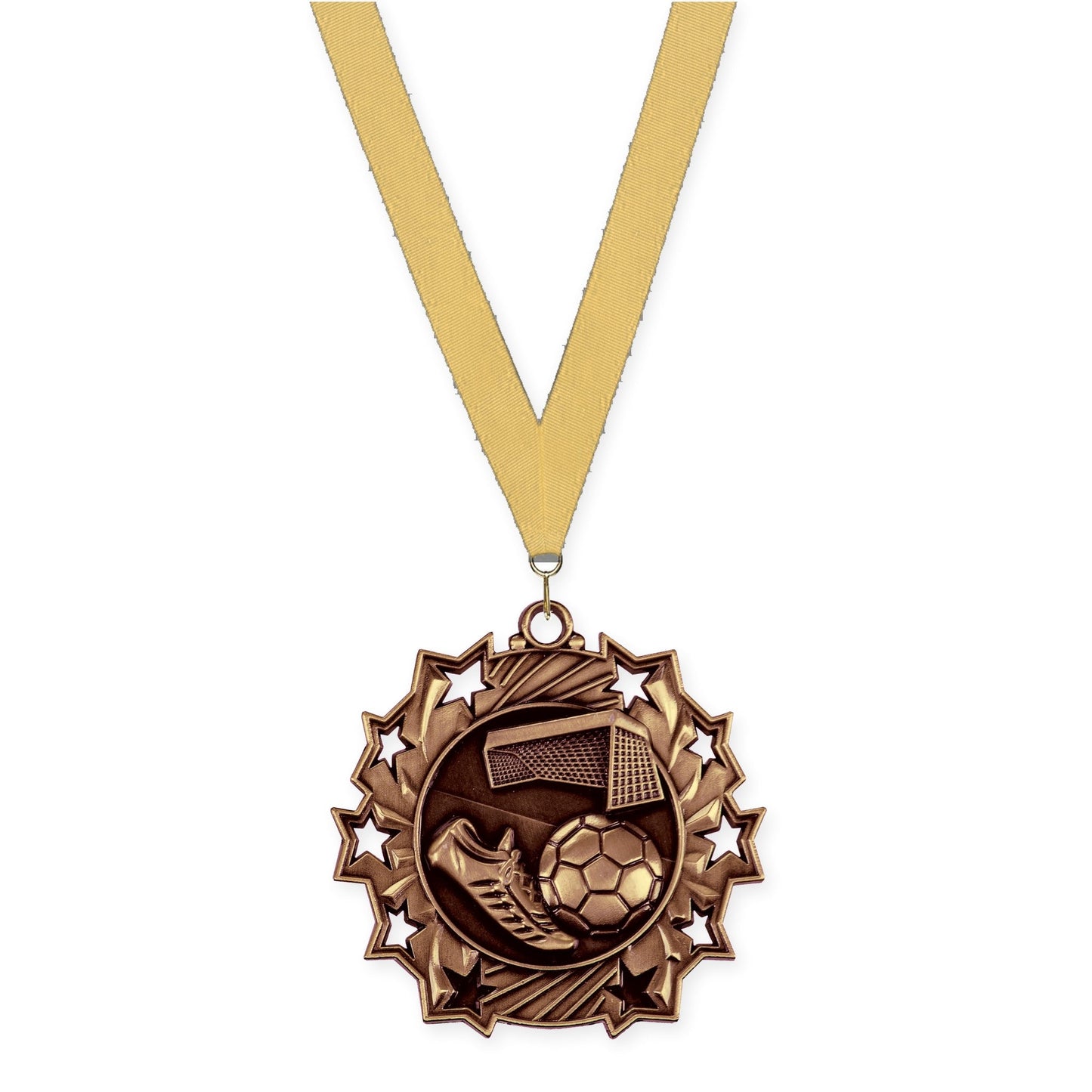 2 1/4 inch soccer Ten Star medal in antique bronze with Gold Metallic neck ribbon