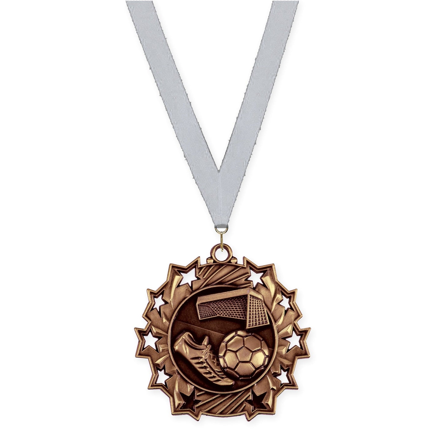 2 1/4 inch soccer Ten Star medal in antique bronze with Silver Metallic neck ribbon