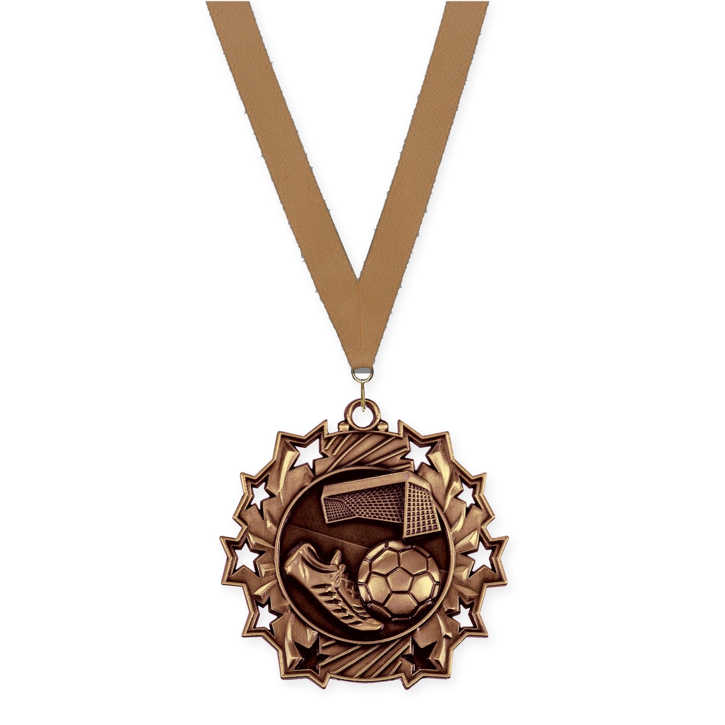 2 1/4 inch soccer Ten Star medal in antique bronze with Bronze Metallic neck ribbon