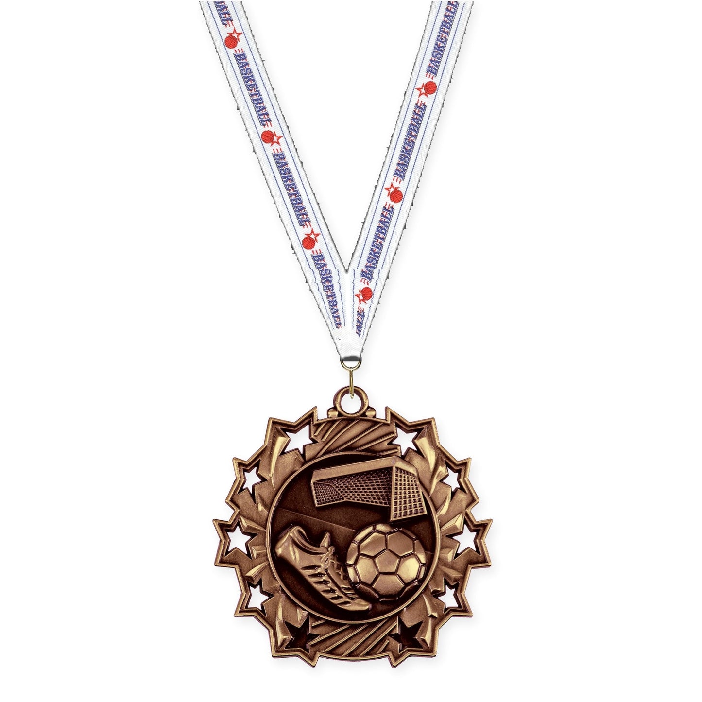 2 1/4 inch soccer Ten Star medal in antique bronze with Basketball neck ribbon