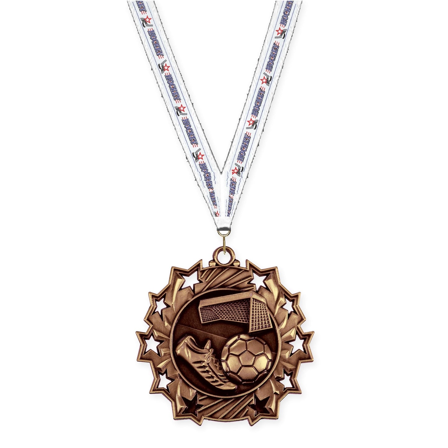 2 1/4 inch soccer Ten Star medal in antique bronze with Hockey neck ribbon