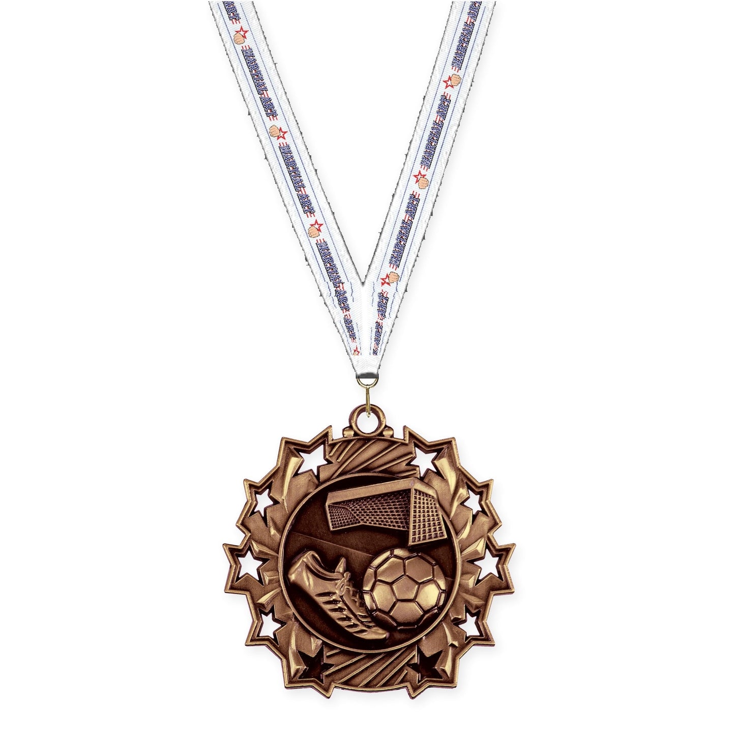 2 1/4 inch soccer Ten Star medal in antique bronze with Martial Arts neck ribbon
