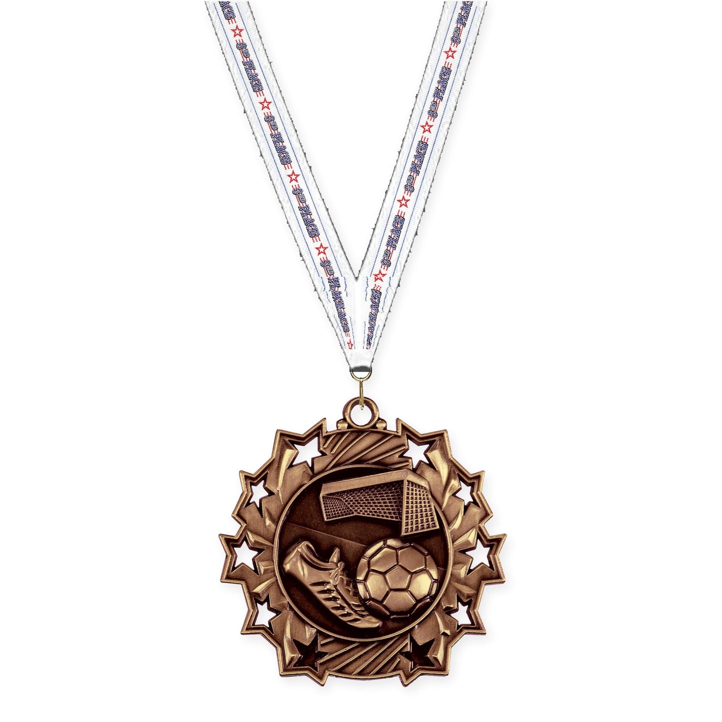 2 1/4 inch soccer Ten Star medal in antique bronze with 3rd Place neck ribbon