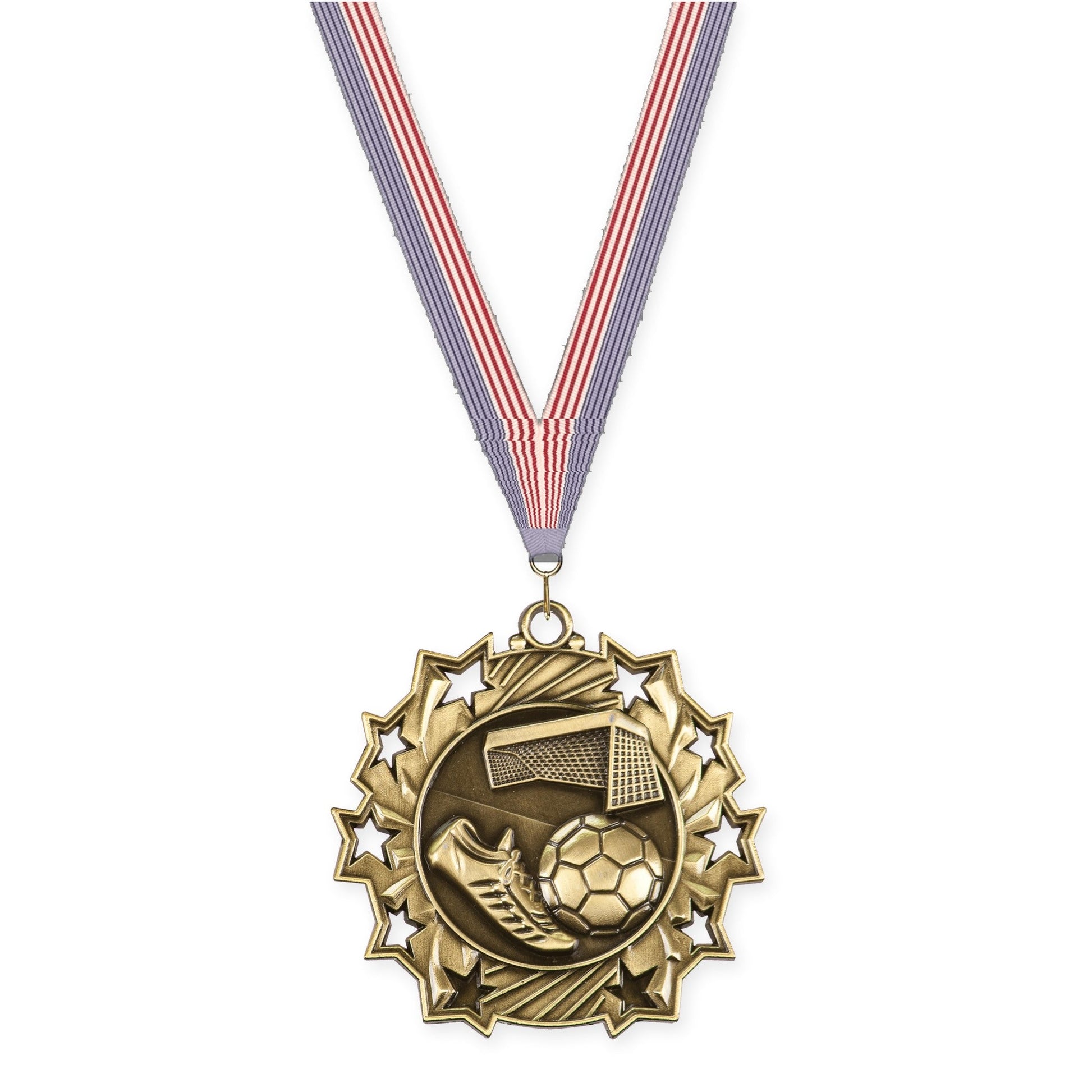 2 1/4 inch soccer Ten Star medal in antique gold with USA Flag neck ribbon