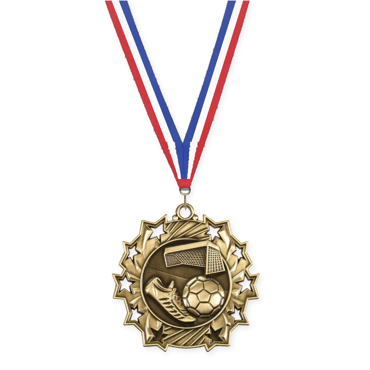 2 1/4 inch soccer Ten Star medal in antique gold with Red White Blue neck ribbon