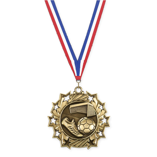 2 1/4 inch soccer Ten Star medal in antique gold with Red White Blue neck ribbon