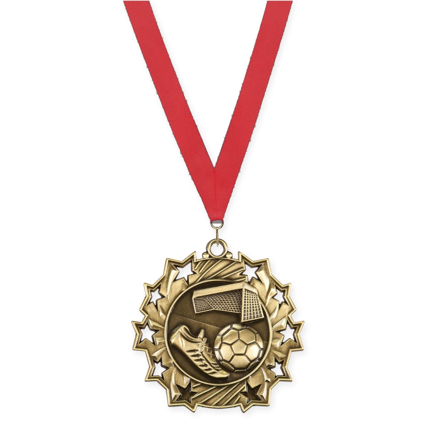 2 1/4 inch soccer Ten Star medal in antique gold with Red neck ribbon