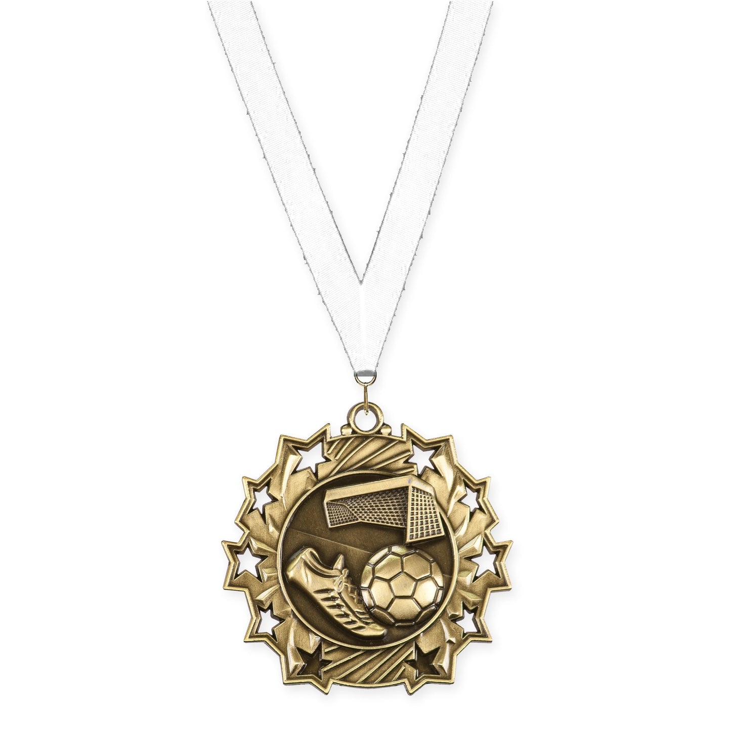 2 1/4 inch soccer Ten Star medal in antique gold with White neck ribbon