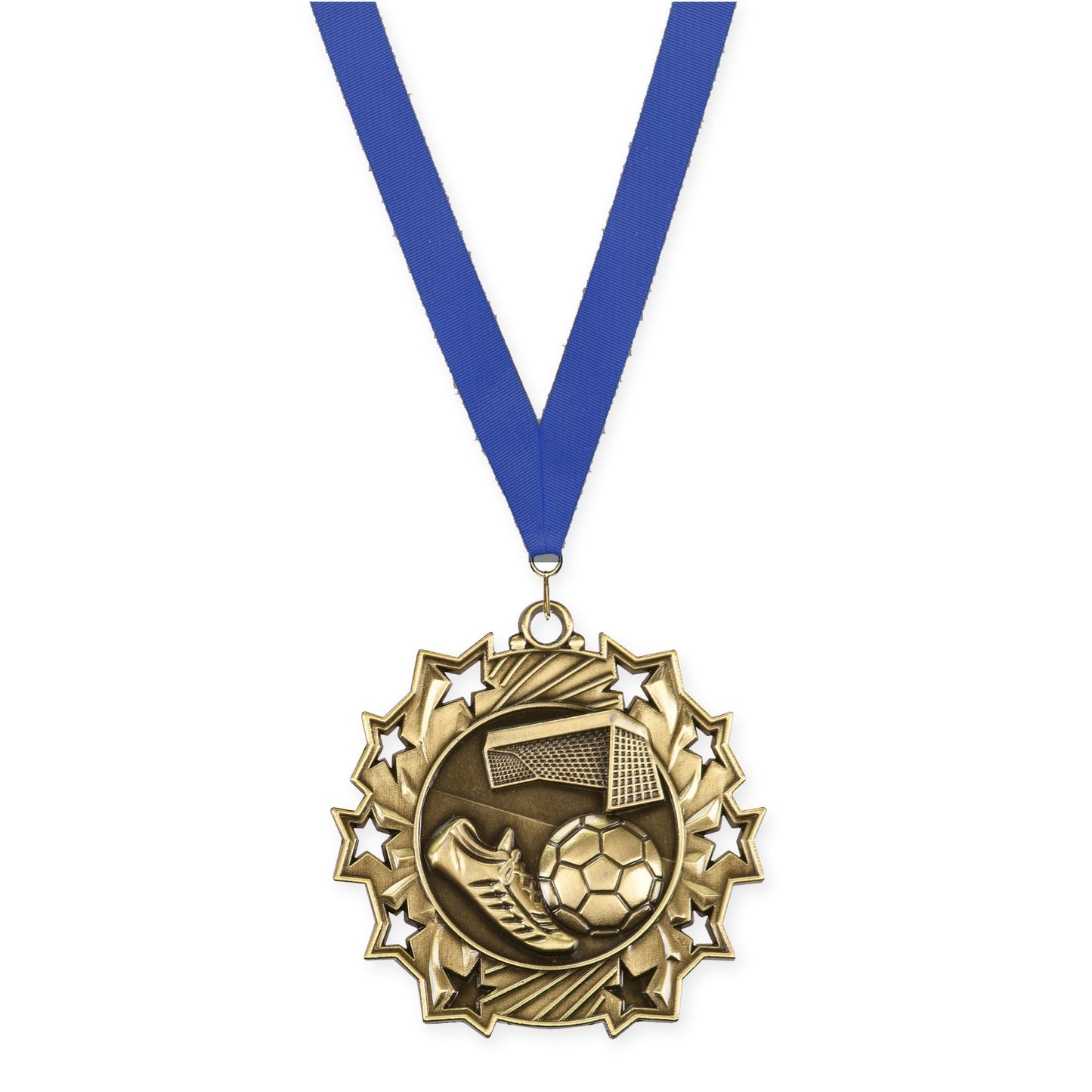 2 1/4 inch soccer Ten Star medal in antique gold with Blue neck ribbon
