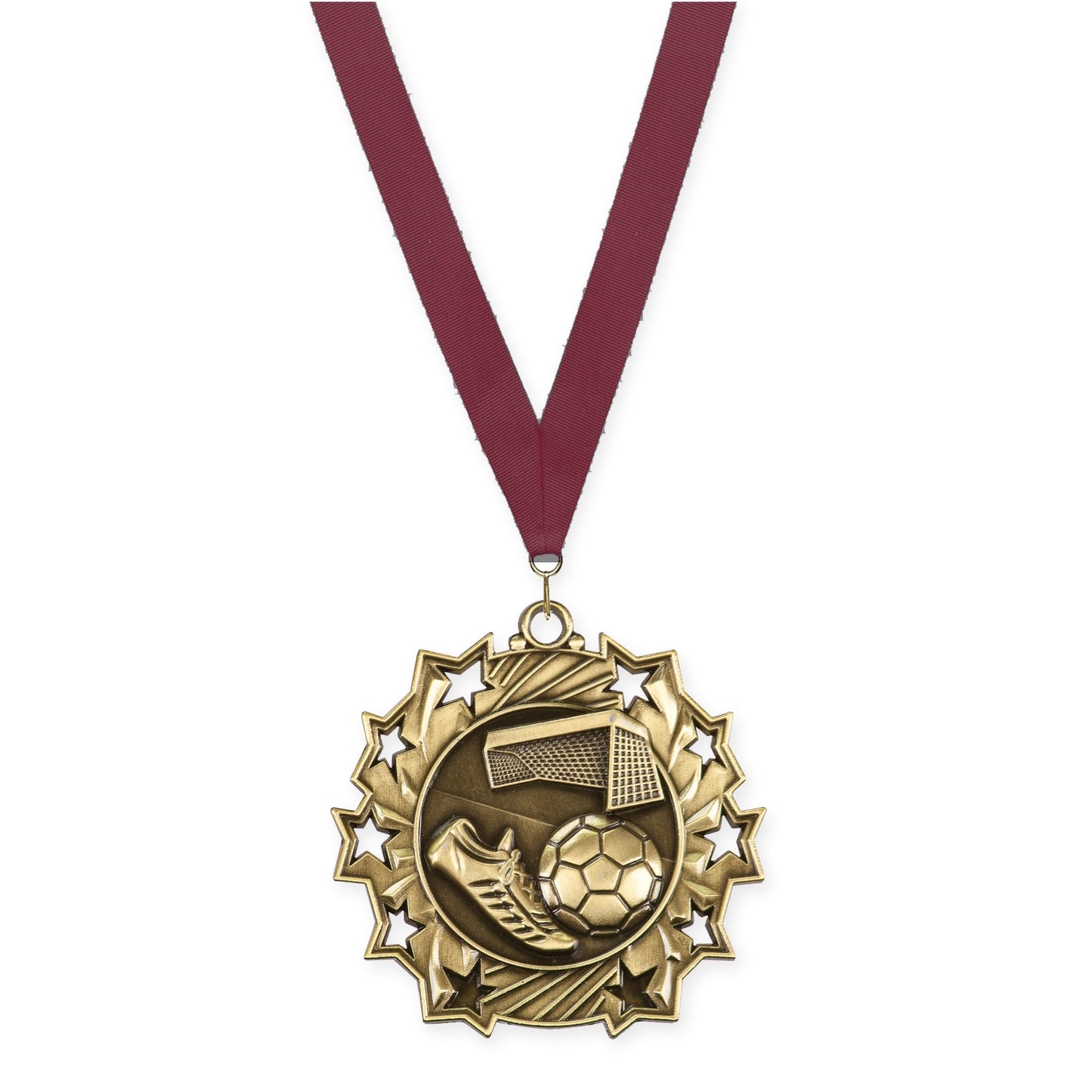 2 1/4 inch soccer Ten Star medal in antique gold with Maroon neck ribbon
