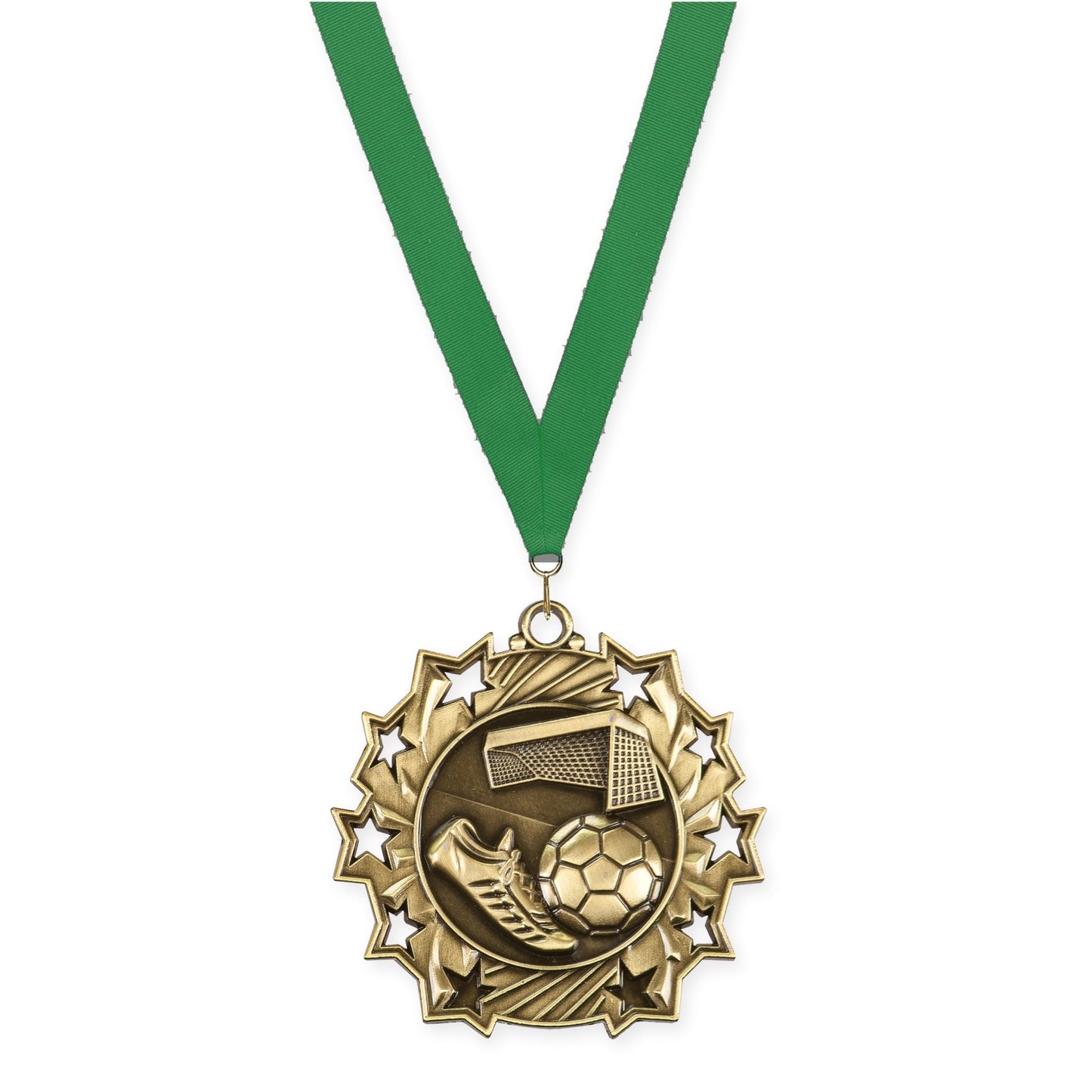 2 1/4 inch soccer Ten Star medal in antique gold with Green neck ribbon