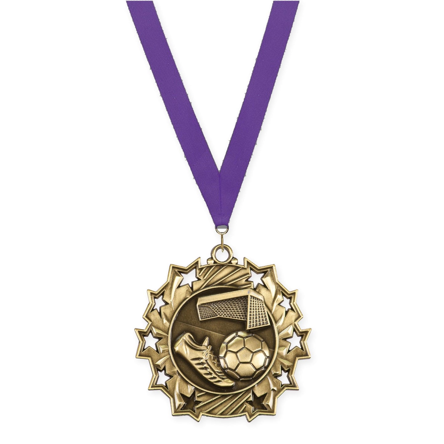 2 1/4 inch soccer Ten Star medal in antique gold with Purple neck ribbon