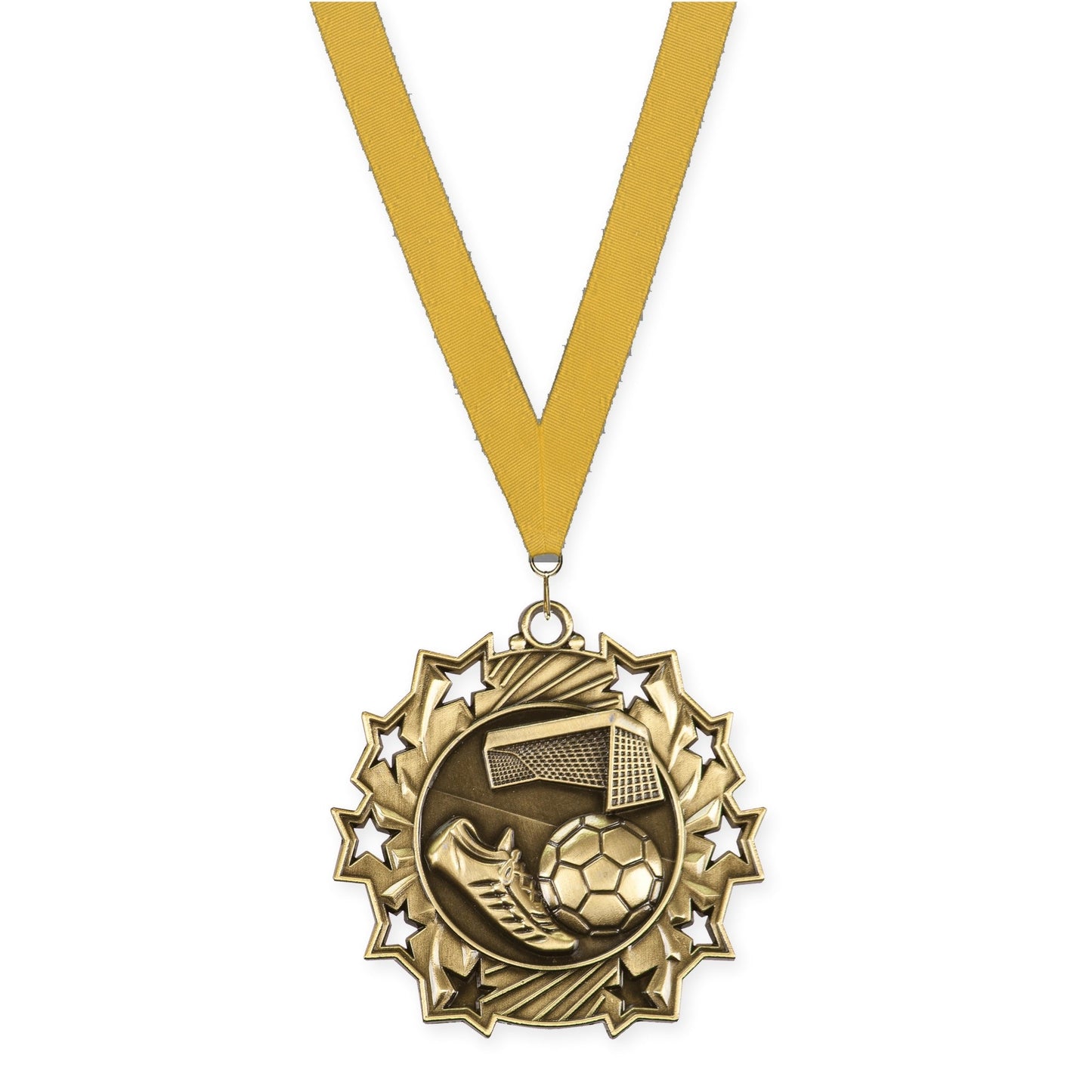 2 1/4 inch soccer Ten Star medal in antique gold with Gold neck ribbon