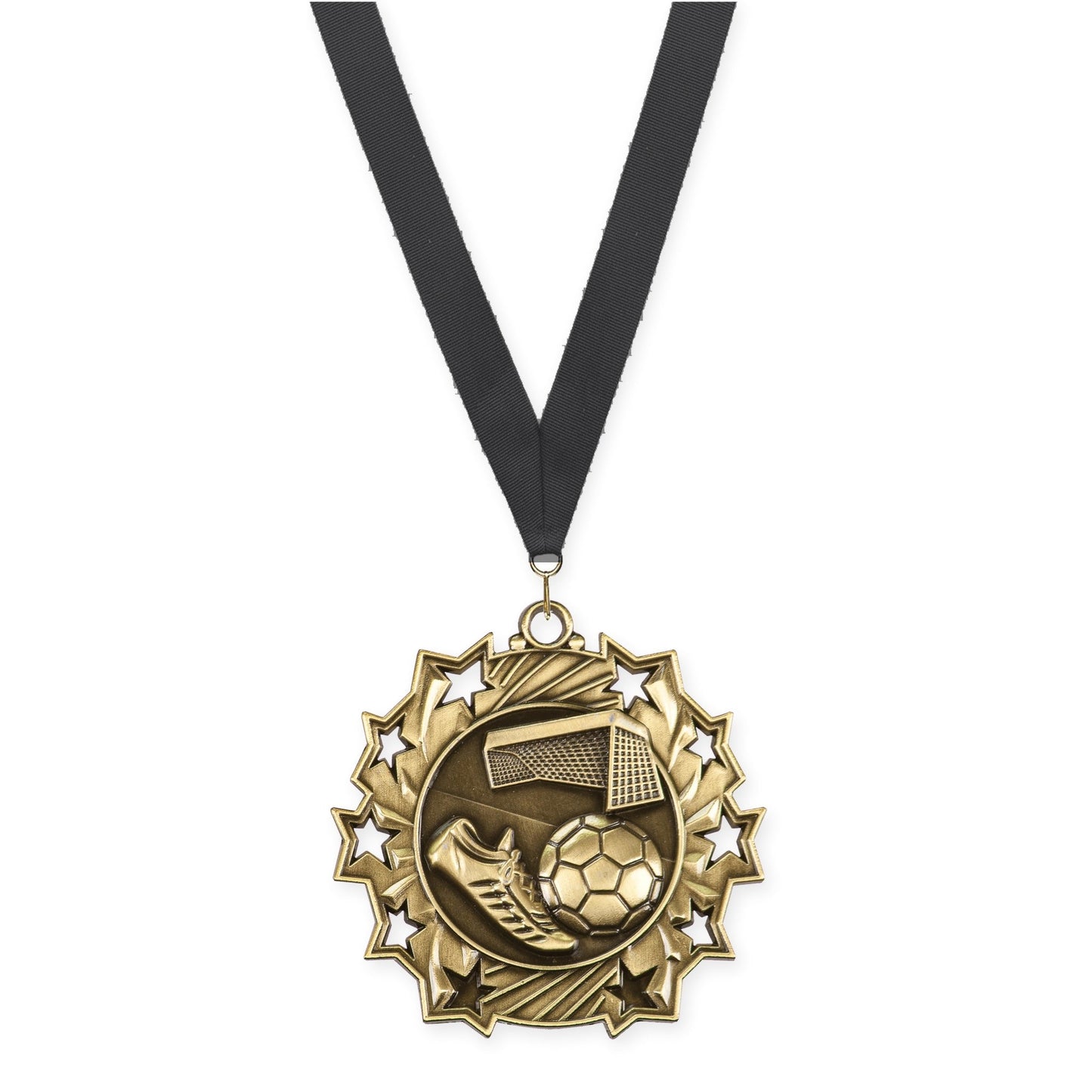 2 1/4 inch soccer Ten Star medal in antique gold with Black neck ribbon