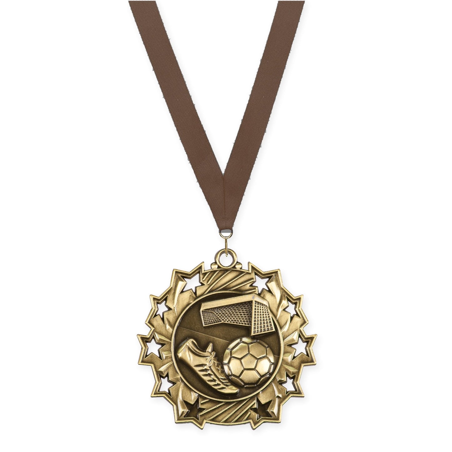 2 1/4 inch soccer Ten Star medal in antique gold with Brown neck ribbon