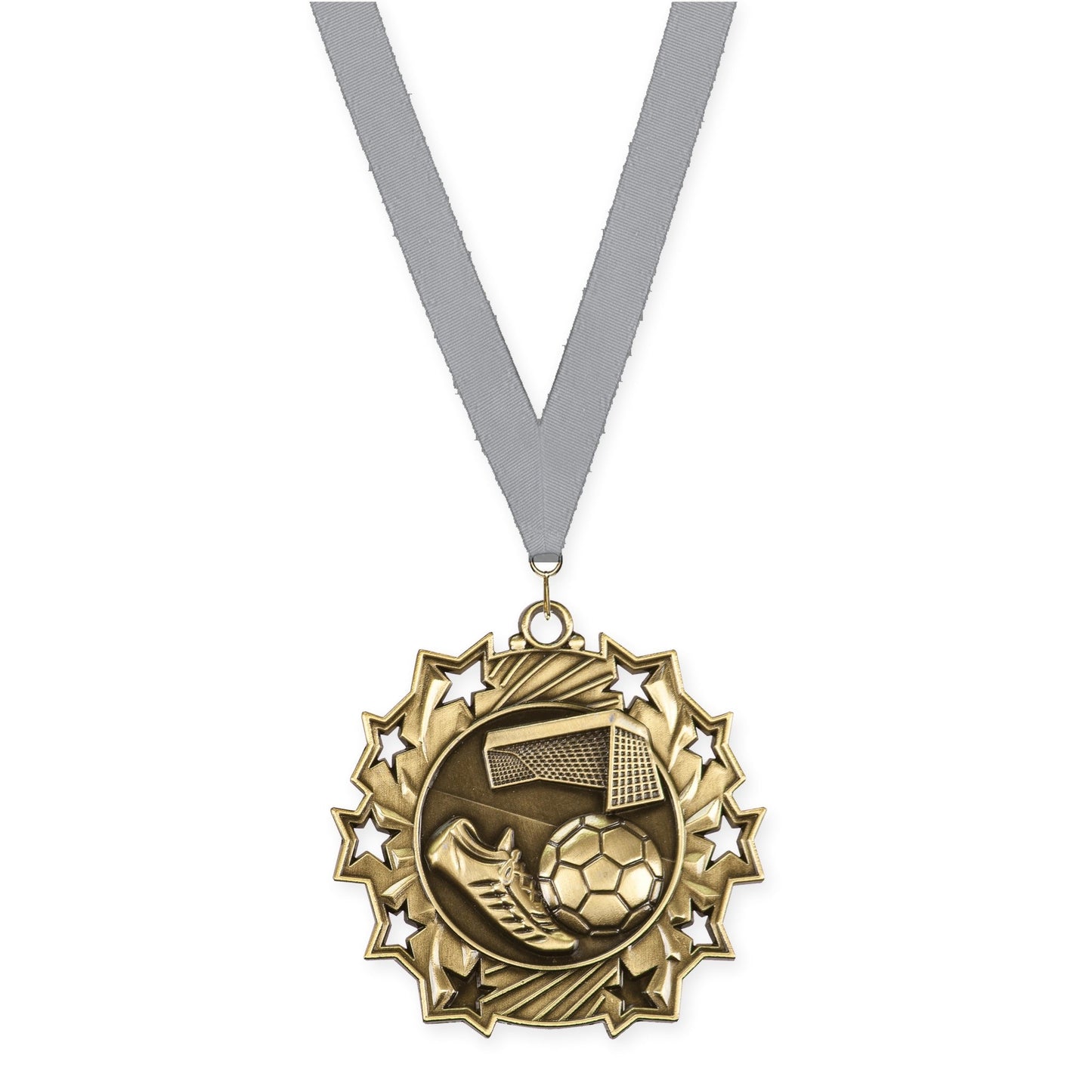 2 1/4 inch soccer Ten Star medal in antique gold with Gray neck ribbon