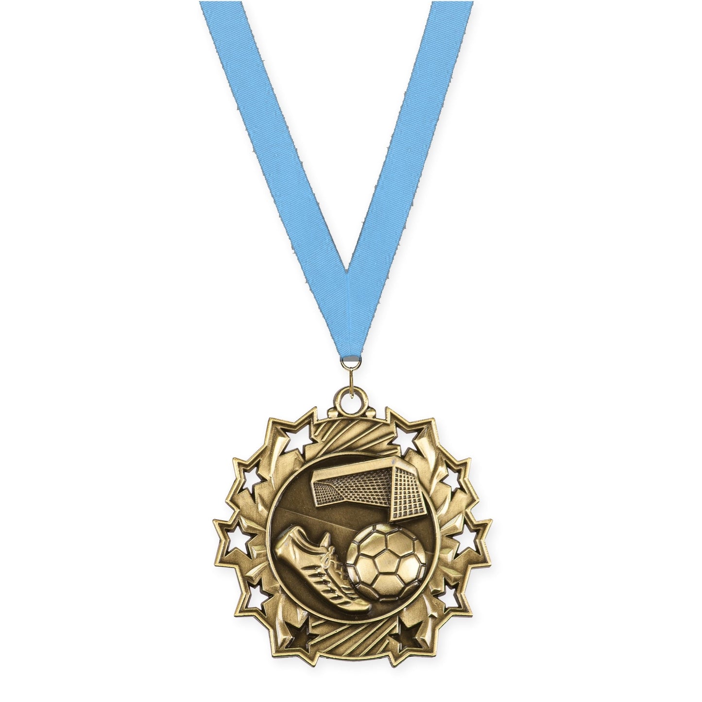2 1/4 inch soccer Ten Star medal in antique gold with Light Blue neck ribbon