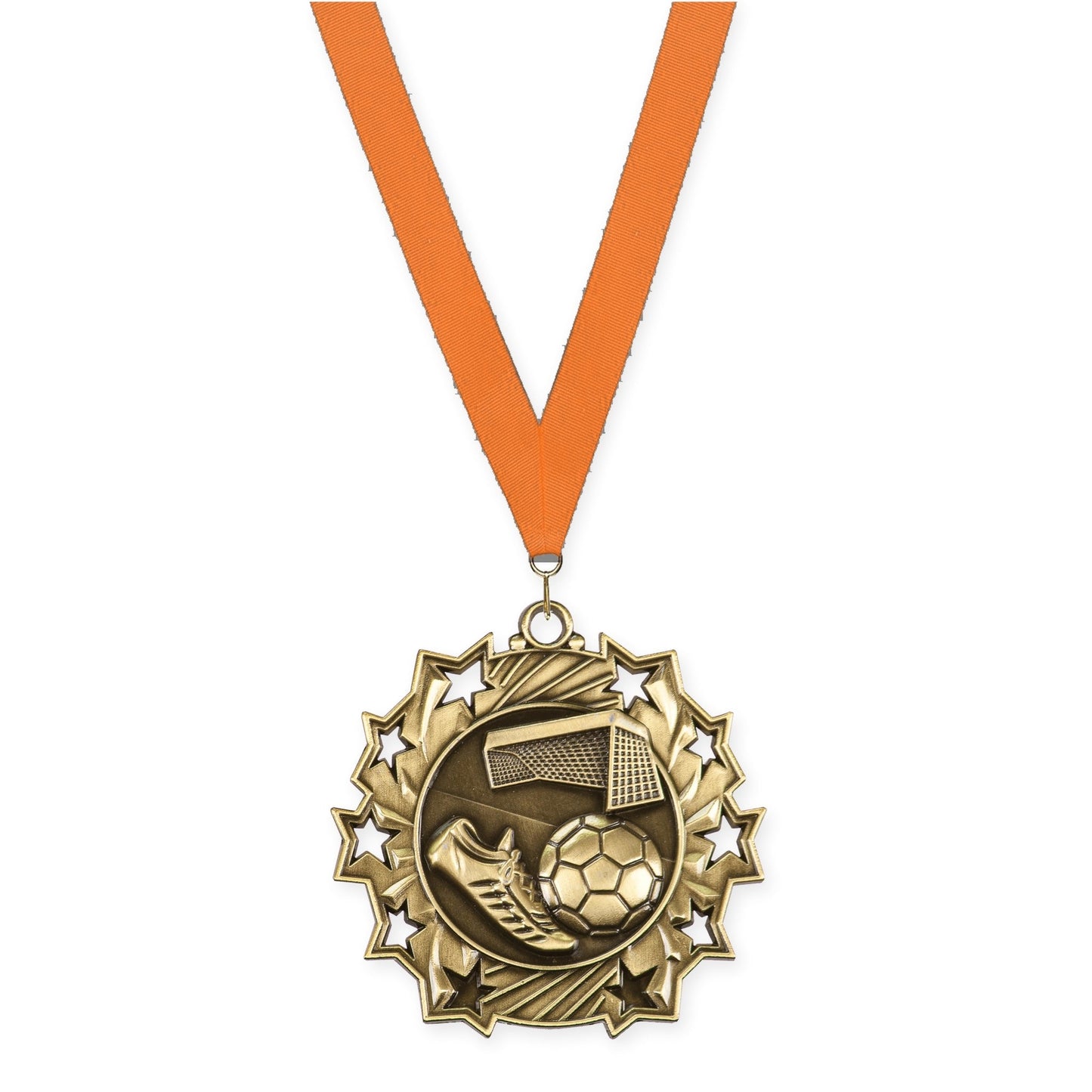 2 1/4 inch soccer Ten Star medal in antique gold with Orange neck ribbon